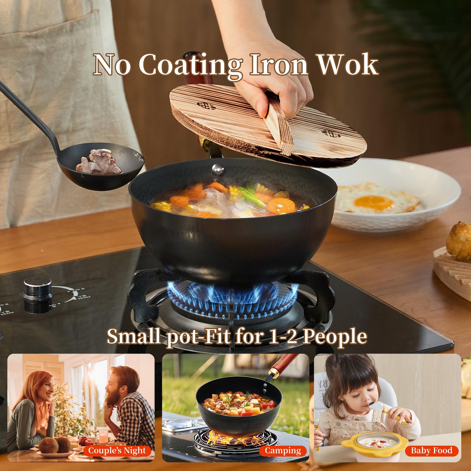 Premium 8.6-Inch Cast Iron Wok Pan with Lid & Spatula - Flat Bottom Non-Stick Stir Fry Skillet for Gas, Induction & Electric Stoves - Perfect for Asian Cooking, Home Kitchen & Restaurant Use