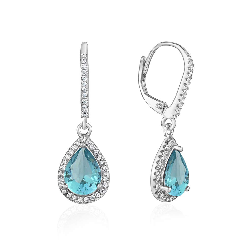 Sterling Silver Leverback Dangle Earrings for Women - Simulated Diamond Pear Halo Design | Elegant Gift Box Included | Perfect for Weddings, Parties & Special Occasions