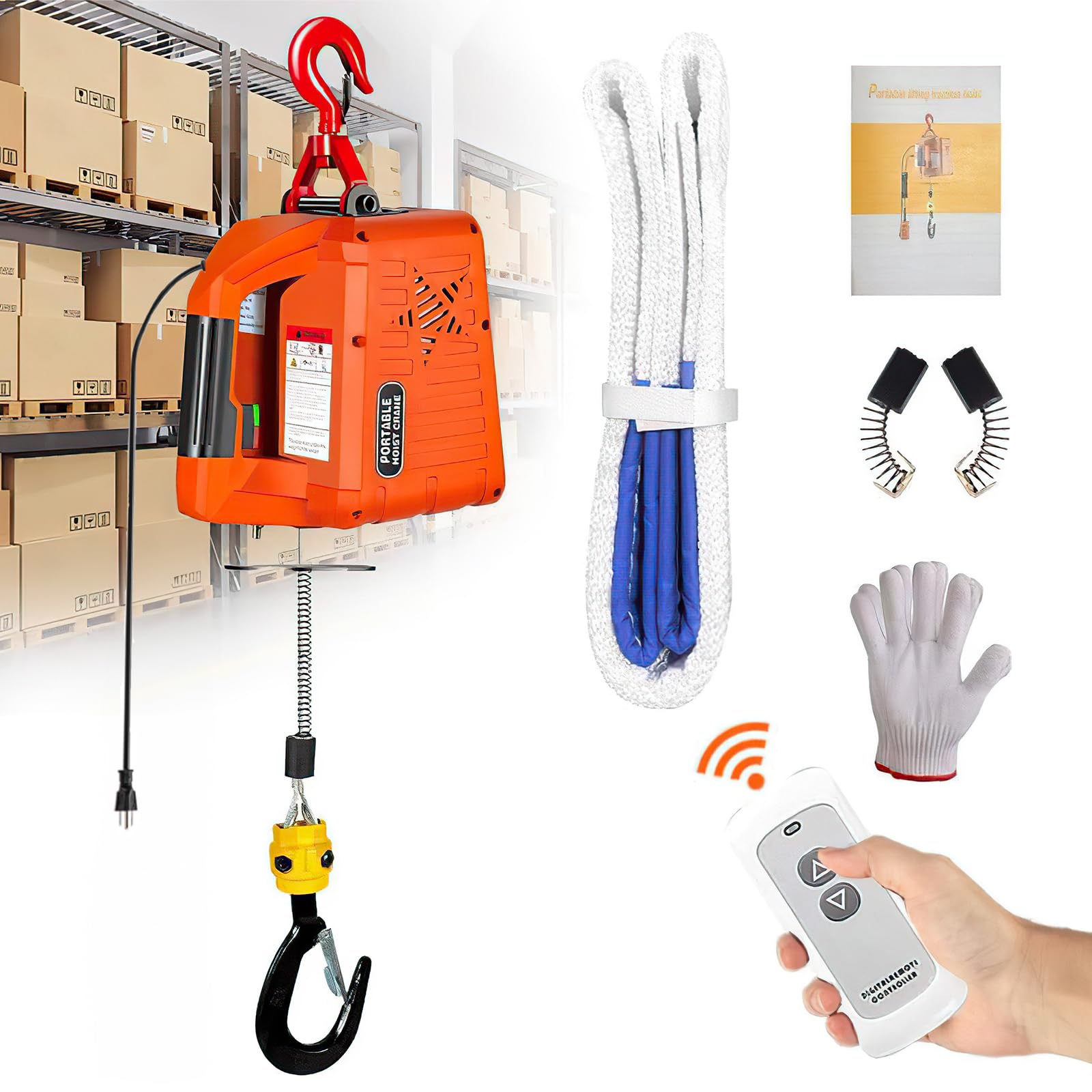 1540LBS Electric Hoist Winch - 62FT Portable 2 in 1 Crane with Manual & Wireless Remote Control, 110V/120V Heavy Duty Lifting Strap - Perfect for Garage, Warehouse, Construction & DIY Projects