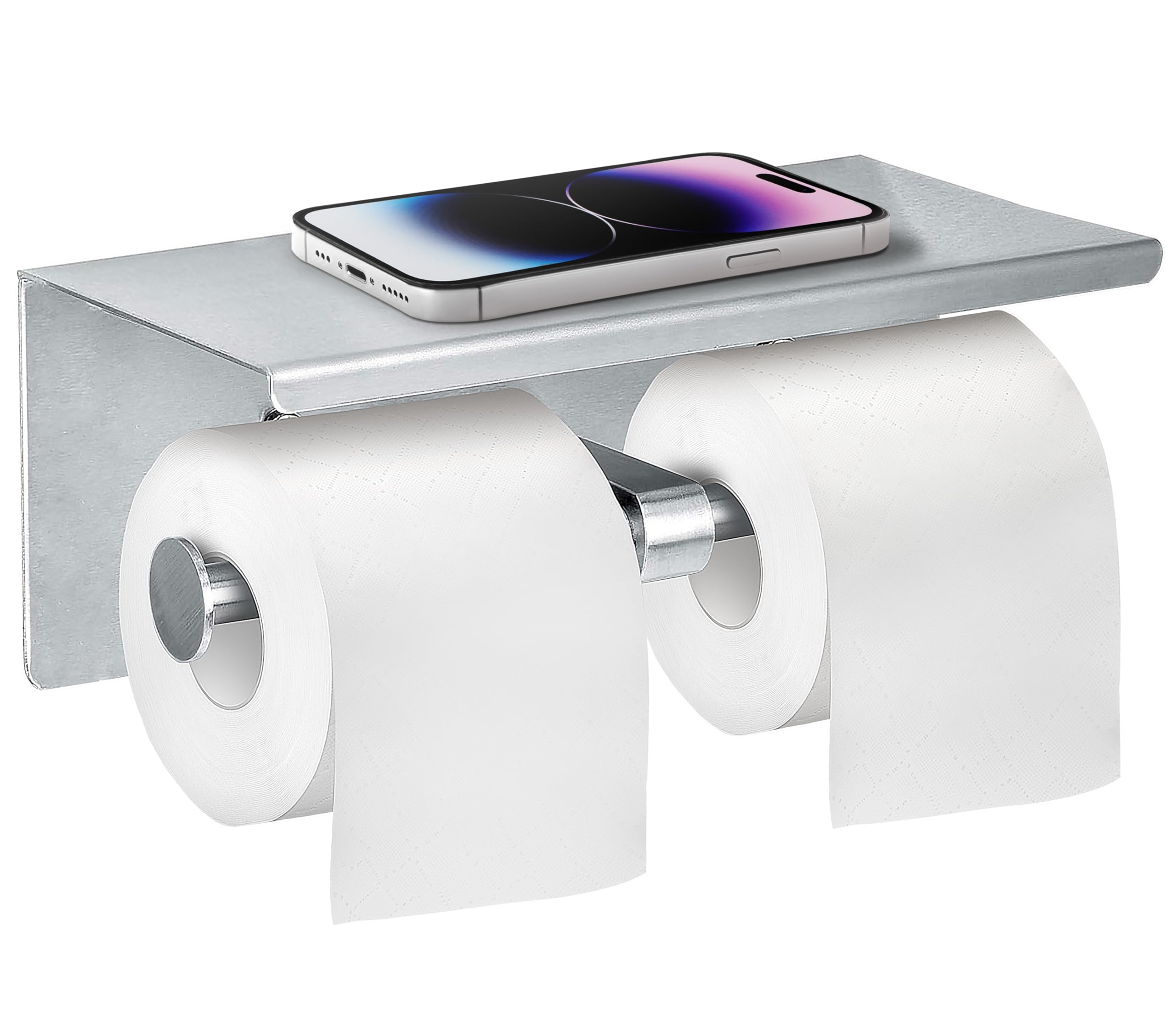 Double Toilet Paper Holder with Shelf - Rust-Resistant Brushed Stainless Steel Bathroom Tissue Dispenser | Wall Mounted Dual Roll TP Holder with Phone Shelf | Perfect for Modern Bathrooms, Restaurants & Commercial Spaces