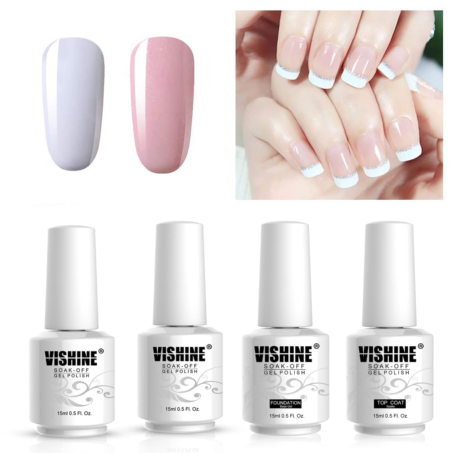 Vishine Gel Polish French Manicure Kit - Top Base Coat Set with White & Pink Nail Gel Colors for Salon-Quality DIY Manicure & Pedicure at Home | Perfect for Weddings, Parties & Special Occasions