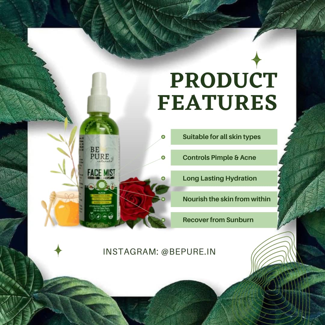 Be Pure Naturals Pimple Clear Face Mist - 100% Ayurvedic Acne Treatment for Pimples, Rashes & Skin Irritations | Soothes Sunburn, Itching & Allergies (100ml) | Perfect for Daily Skincare, Post-Workout Refresh & Travel Essentials