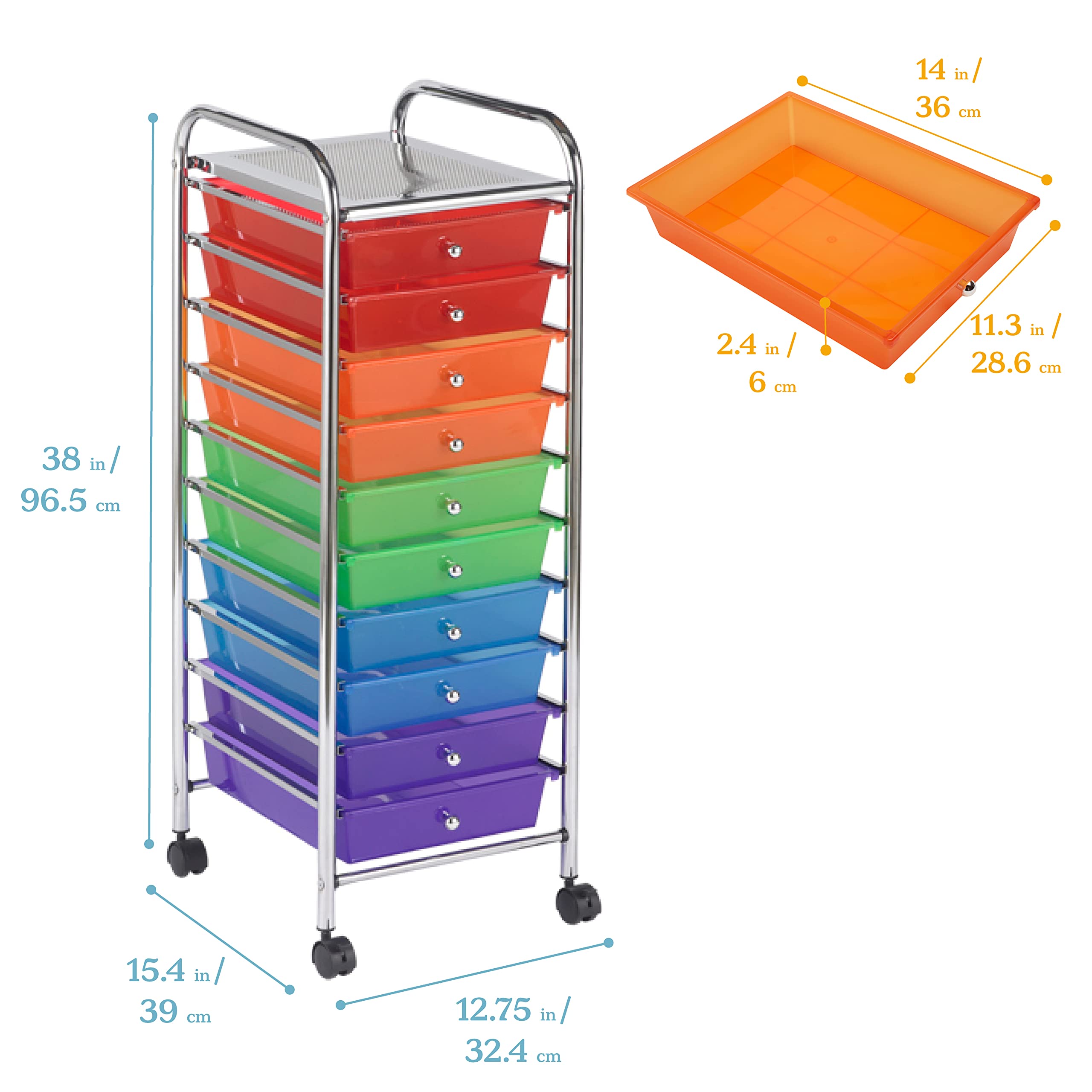 ECR4Kids 10-Drawer Rolling Storage Cart with Wheels - Mobile Classroom & Home Organizer for Toys, Art Supplies, Office Essentials - Ideal for Daycare, School, and Office Organization