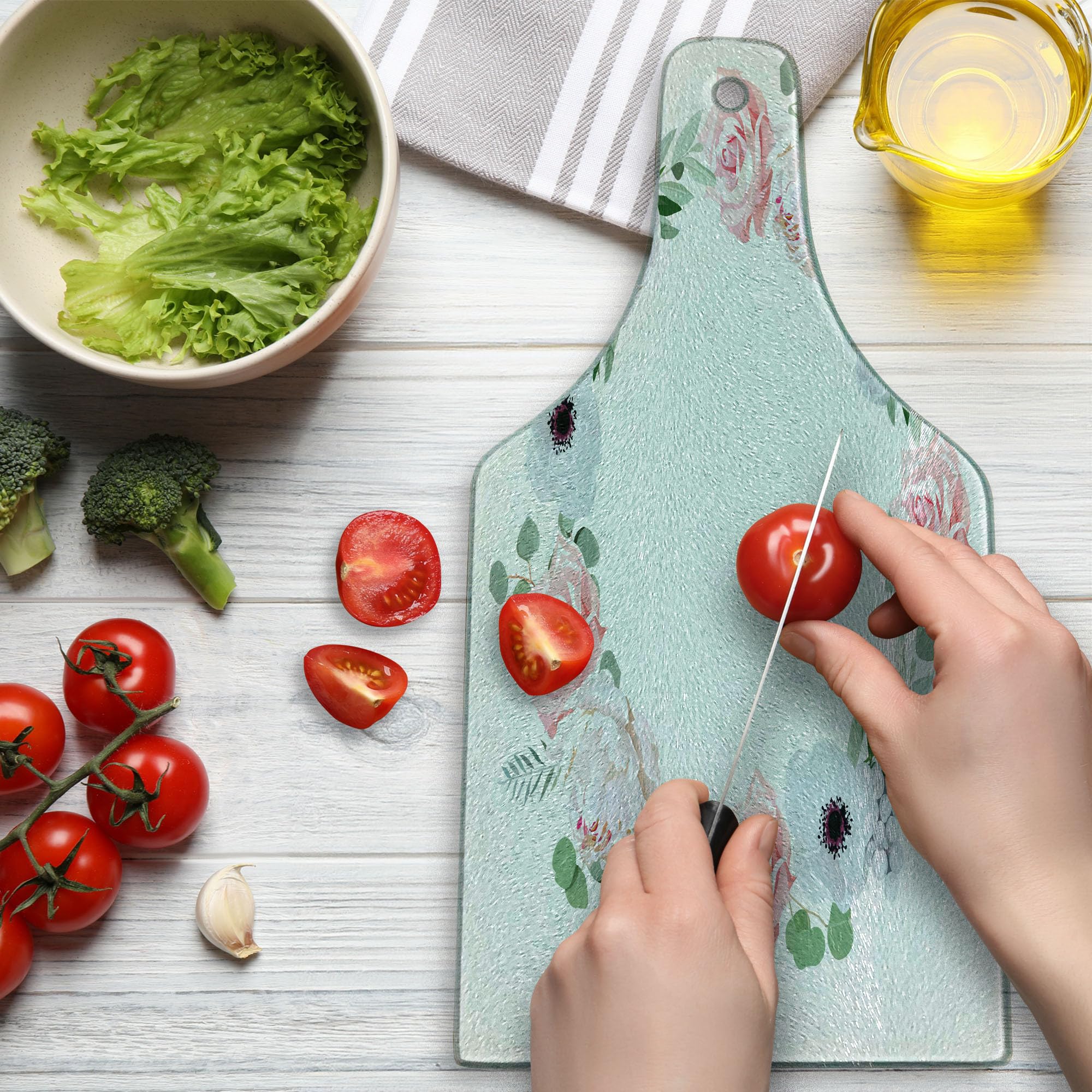 Ambesonne Anemone Flower Tempered Glass Cutting Board - Decorative Peony Rose Brunia Eucalyptus Leaves Round Wreath Design - Wine Bottle Shape Serving Board in Almond Green, Pale Pink & White - Perfect for Charcuterie, Cheese Platters & Wine Pairings