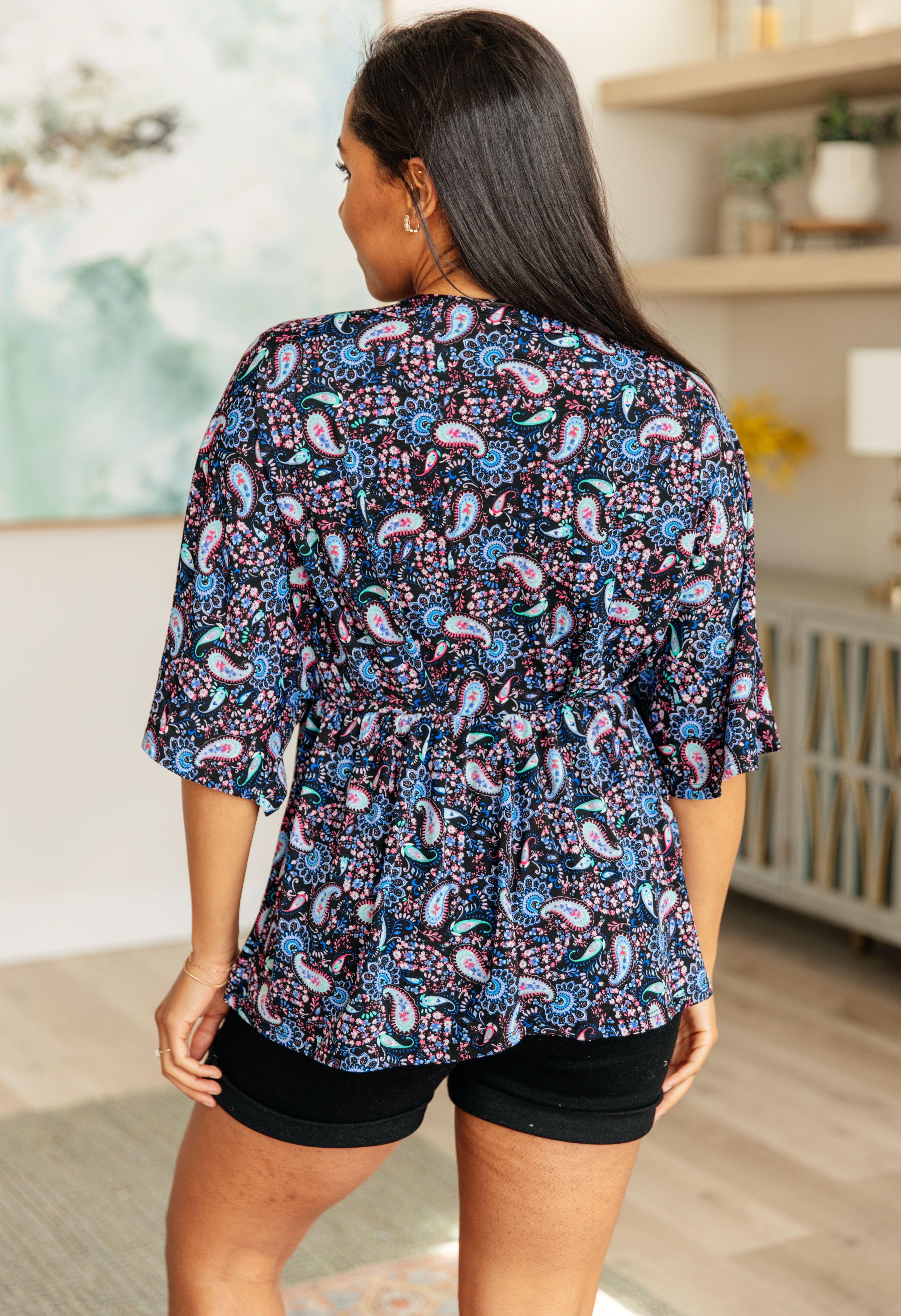 Dreamer Top in Black and Periwinkle Paisley Print - Stylish Women's Blouse for Casual Wear, Office Outfits & Date Nights