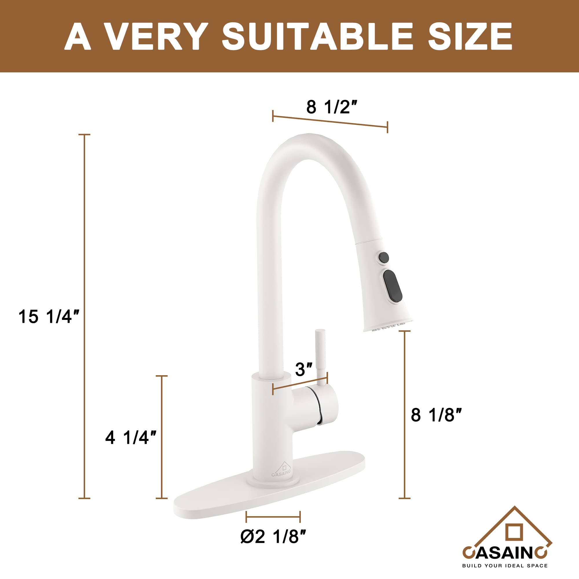 Premium Matte White Kitchen Faucet with Pull Down Sprayer - 3 Function Spray Modes & Pause Button - 1.8 GPM Lead-Free Copper Construction - 15.25