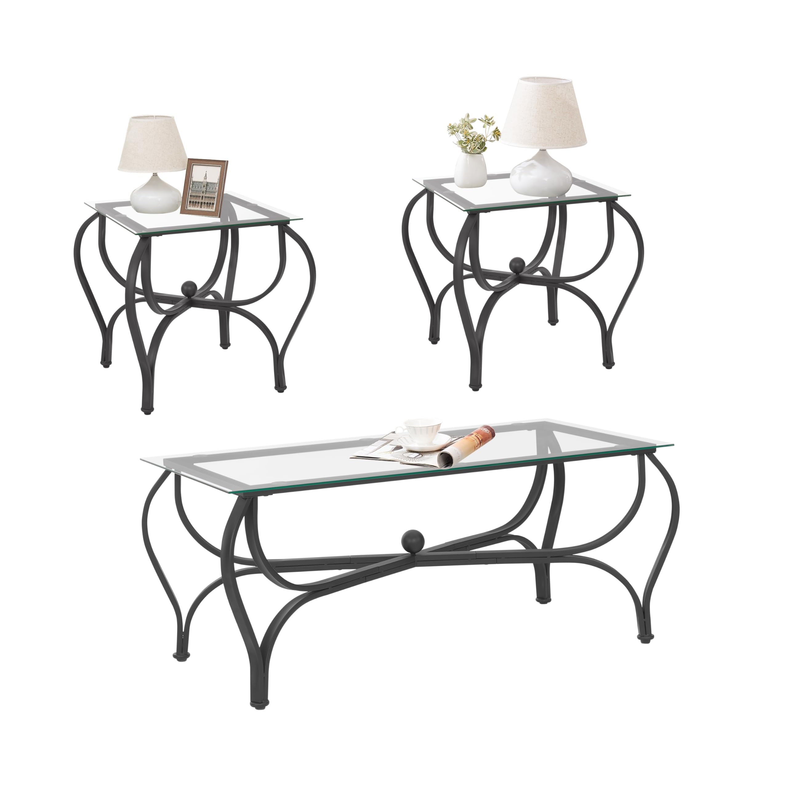 3-Piece Coffee Table Set with Tempered Glass Top & Metal Frame - Modern Living Room Furniture Set Includes Coffee Table & 2 End Tables - Perfect for Home, Office & Lounge Areas