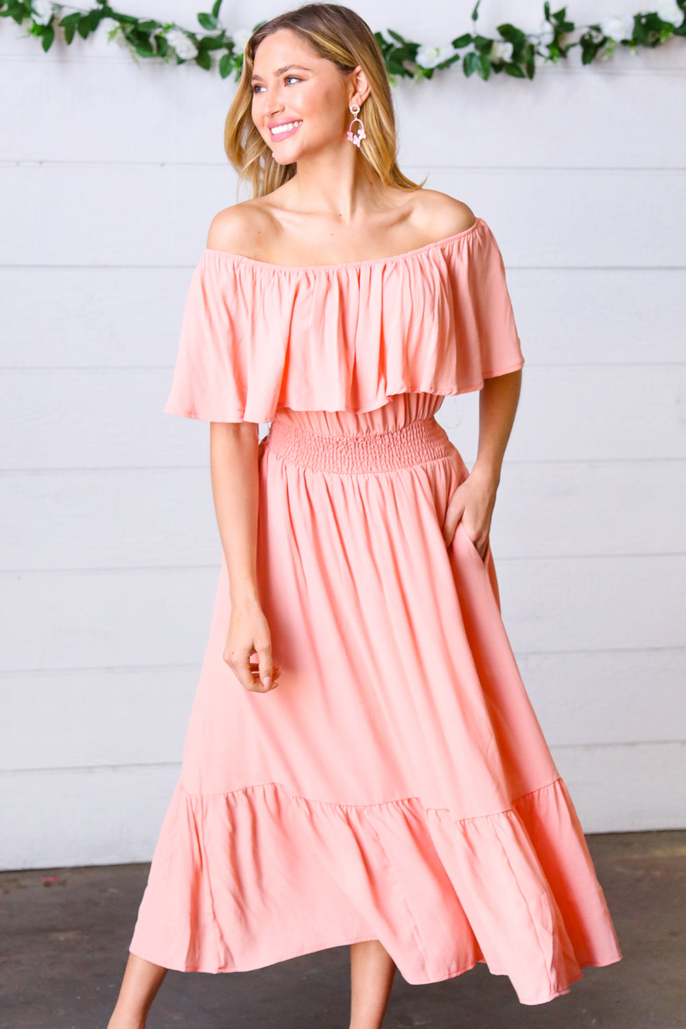 Coral Off-Shoulder Smocked Waist Ruffle Sleeve Midi Dress for Women - Summer Beach Party, Wedding Guest, Date Night Outfit