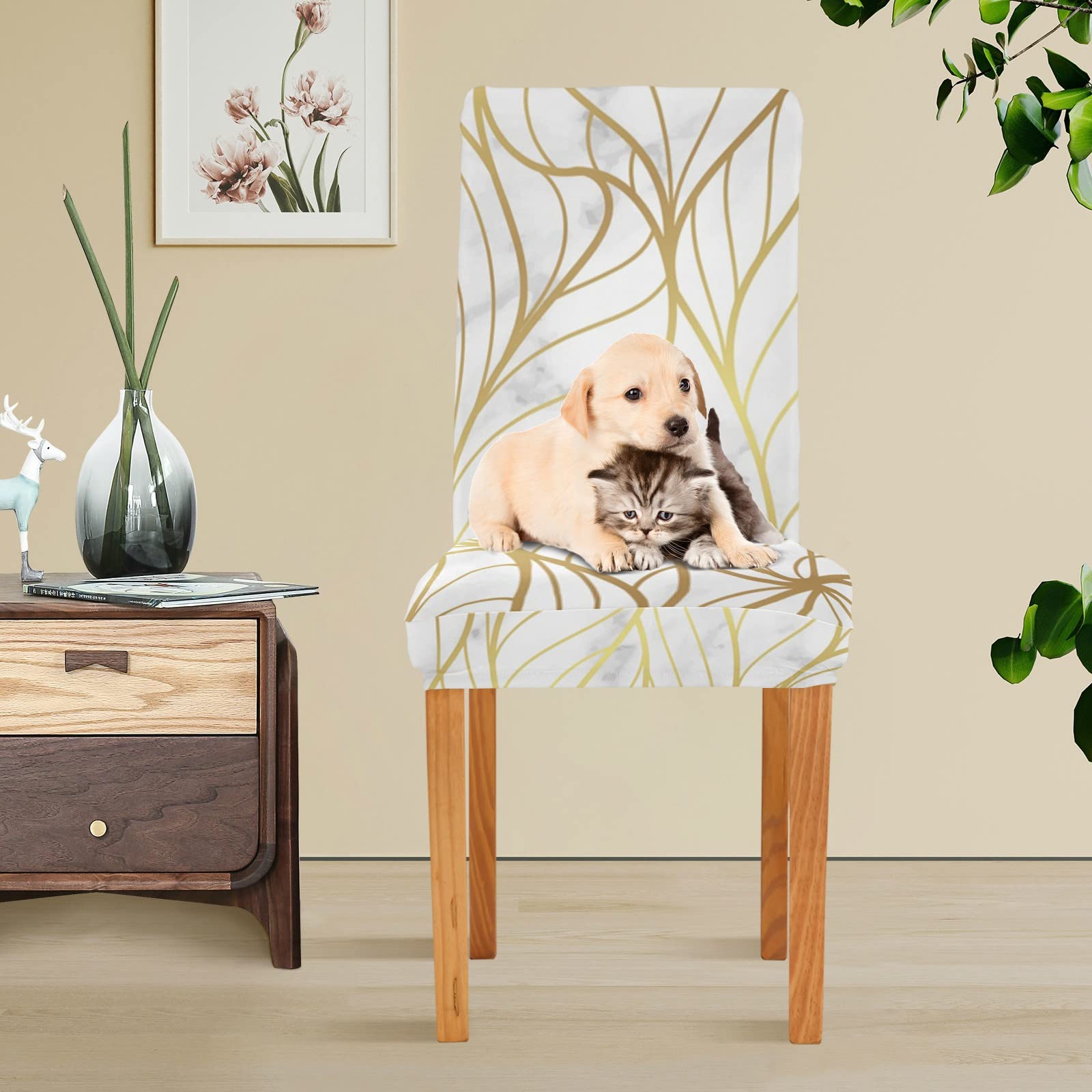 ALAZA Stretch Dining Room Chair Covers - Gold Marble Design with Natural Leaf Pattern, Washable Slipcovers for Parson Chairs | Perfect for Dining Room, Kitchen, Wedding Ceremony & Home Decor
