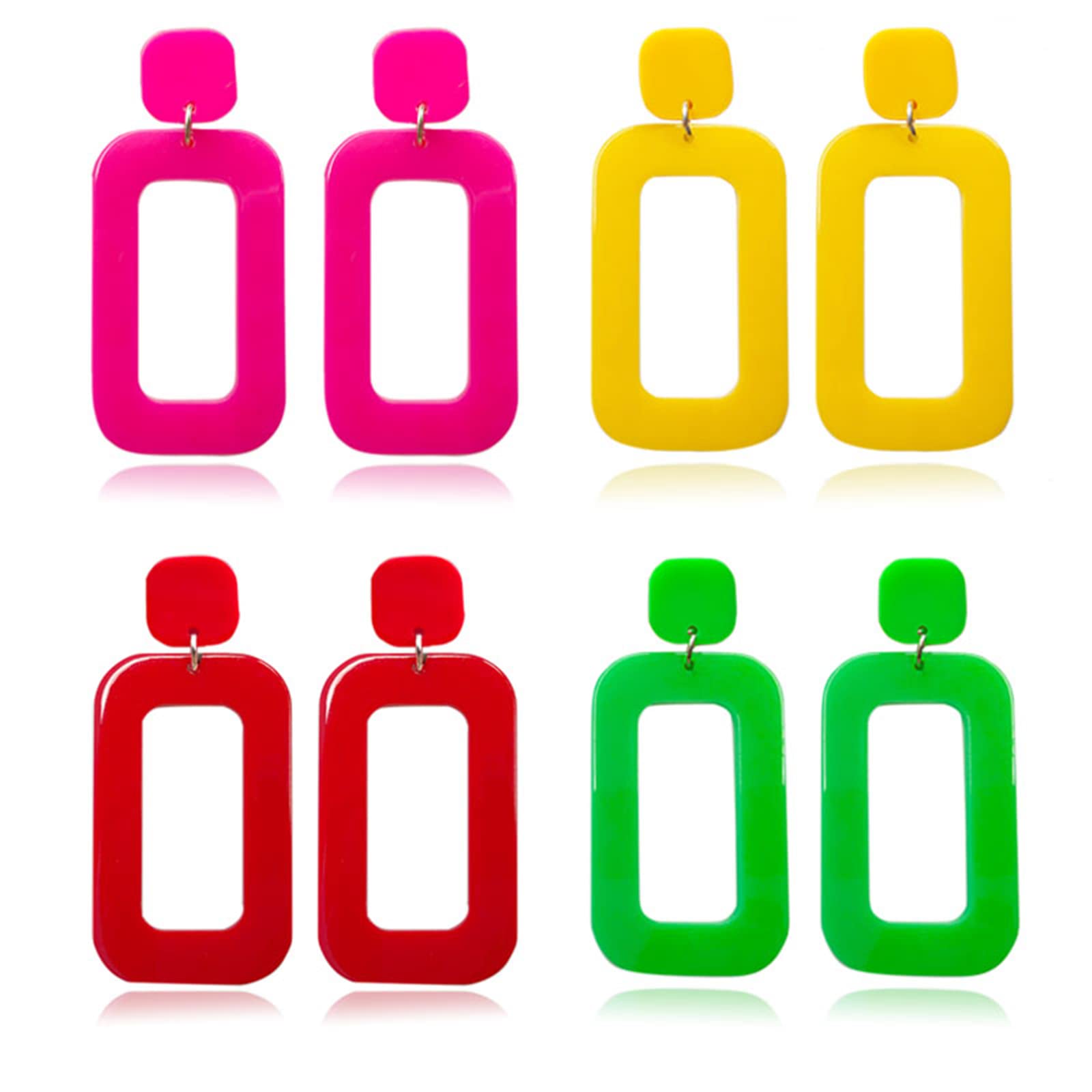 WCRAZYE 4 Pairs Retro Neon Acrylic Earrings for Women - Geometric Drop, Lightning & Square Dangle Earrings - 80s Vintage Statement Jewelry for Party, Rave & Festival Outfits