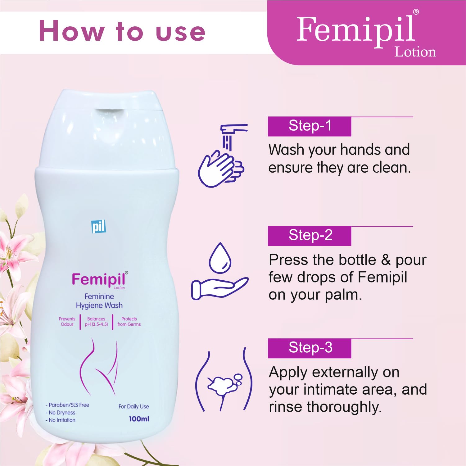 Pil Femipil Lotion - Intimate Wash for Women (100ml, Pack of 2) | Enriched with Vitamin E, Aloe Vera & Lactic Acid | Prevents Dryness, Itching & Irritation | Gentle pH-Balanced Feminine Hygiene for Daily Use & Post-Workout Care