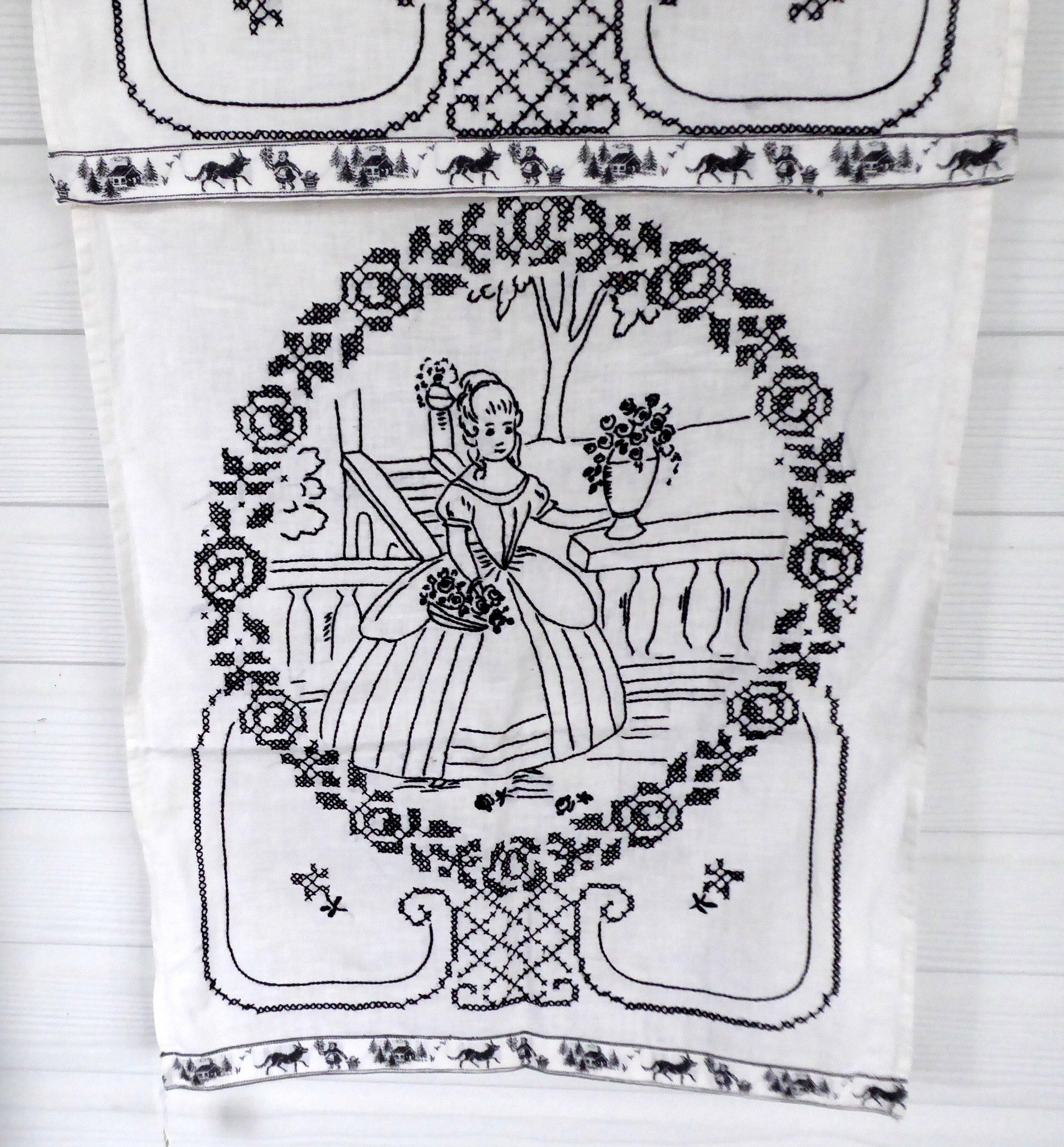 Vintage German Embroidered Blackwork Tea Towel - Handmade Cotton Kitchen Towel for Drying Dishes & Decor (Circa 1910) | Perfect for Farmhouse Decor, Tea Parties & Vintage Collections