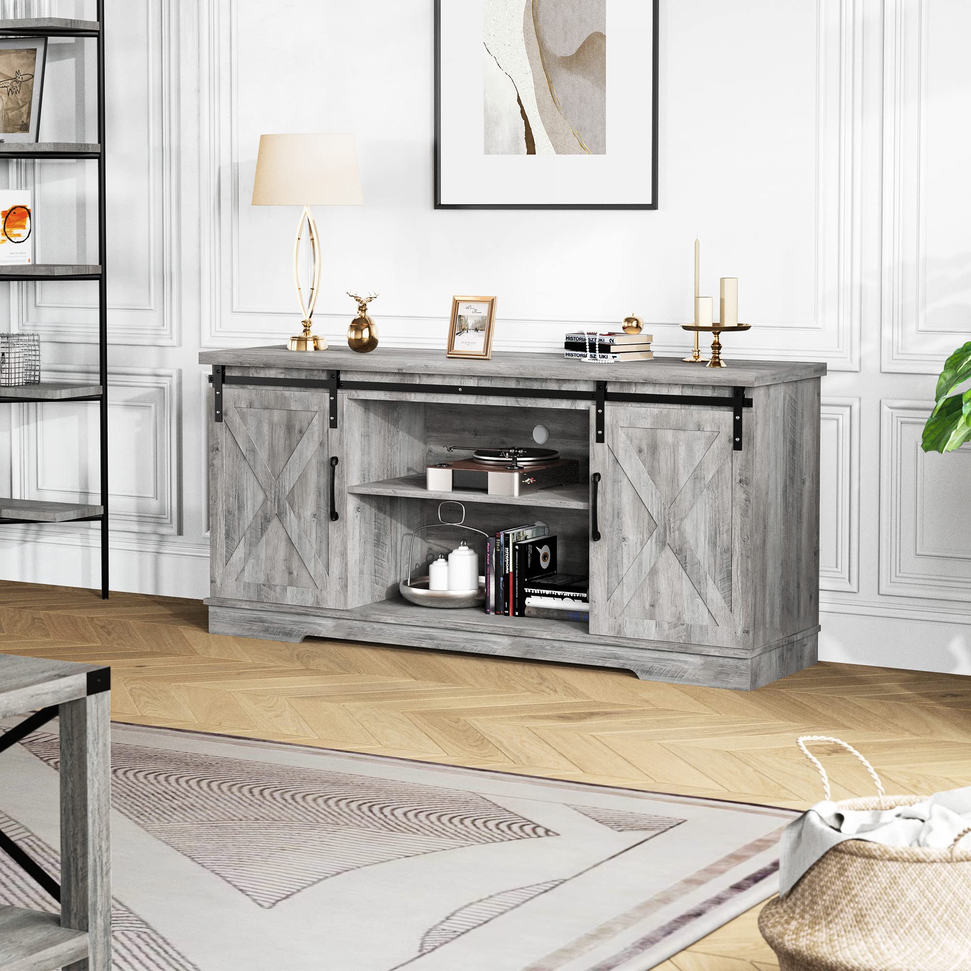 Farmhouse TV Stand for 65 55 Inch TV - Modern Wooden Entertainment Center with Sliding X Barn Door & Storage - 58 Inch Rustic Gray TV Console - Perfect for Living Room, Bedroom & Home Theater Setup
