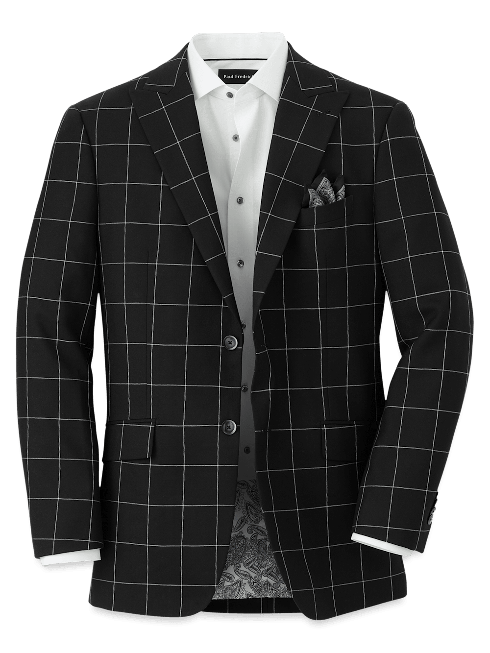 Wool Windowpane Single Breasted Peak Lapel Sport Coat - Black | Classic Business Blazer for Men | Perfect for Office, Weddings & Formal Events