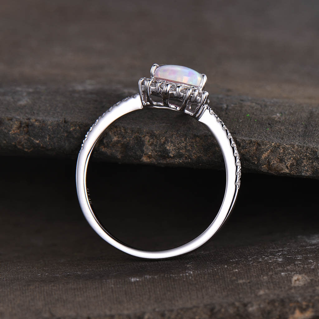 14K/18K Pear Shaped Vintage Opal Diamond Halo Engagement Ring in White Gold - Perfect for Proposals, Anniversaries & Special Occasions