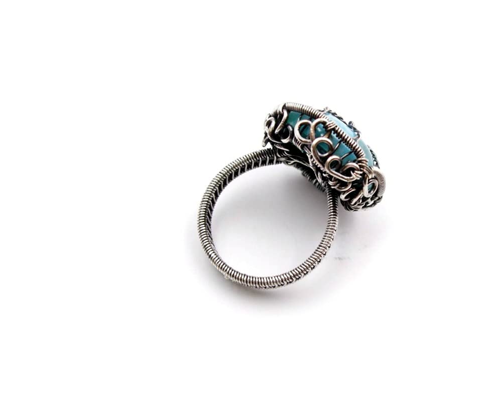 Tree of Life Ring Size 10 - Sterling Silver Wire Wrapped Larimar Gemstone Jewelry with Healing Crystals - Perfect for Spiritual Healing, Meditation & Boho Fashion