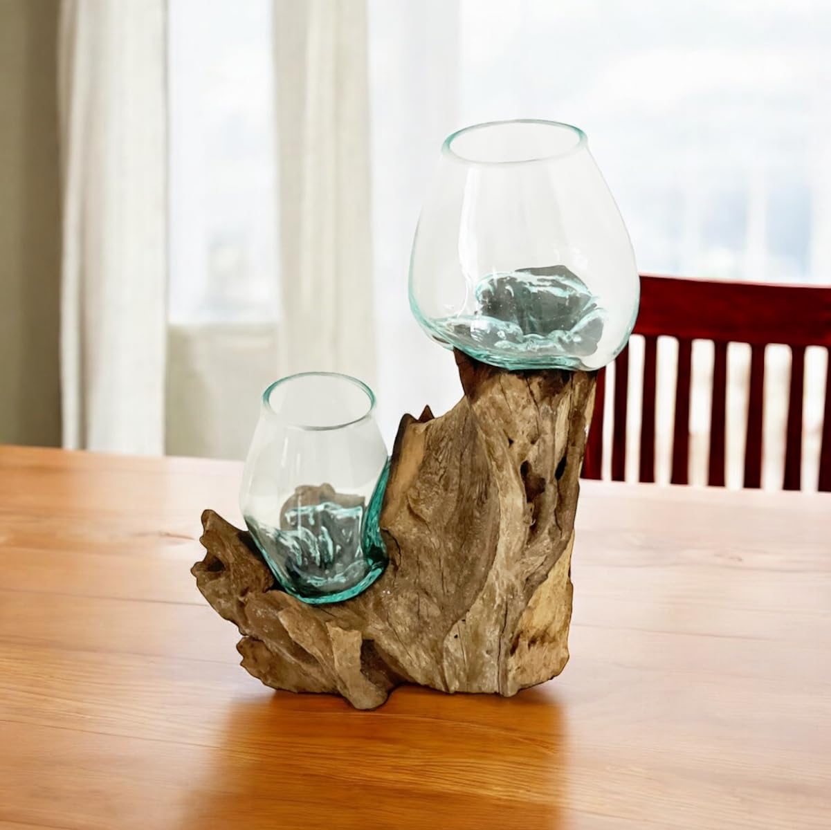 OMA Molten Glass on Wood Double Decorative Bowl Planter Vase - XL Size Centerpiece for Home Decor, Wedding, Table Setting & Unique Gift Ideas