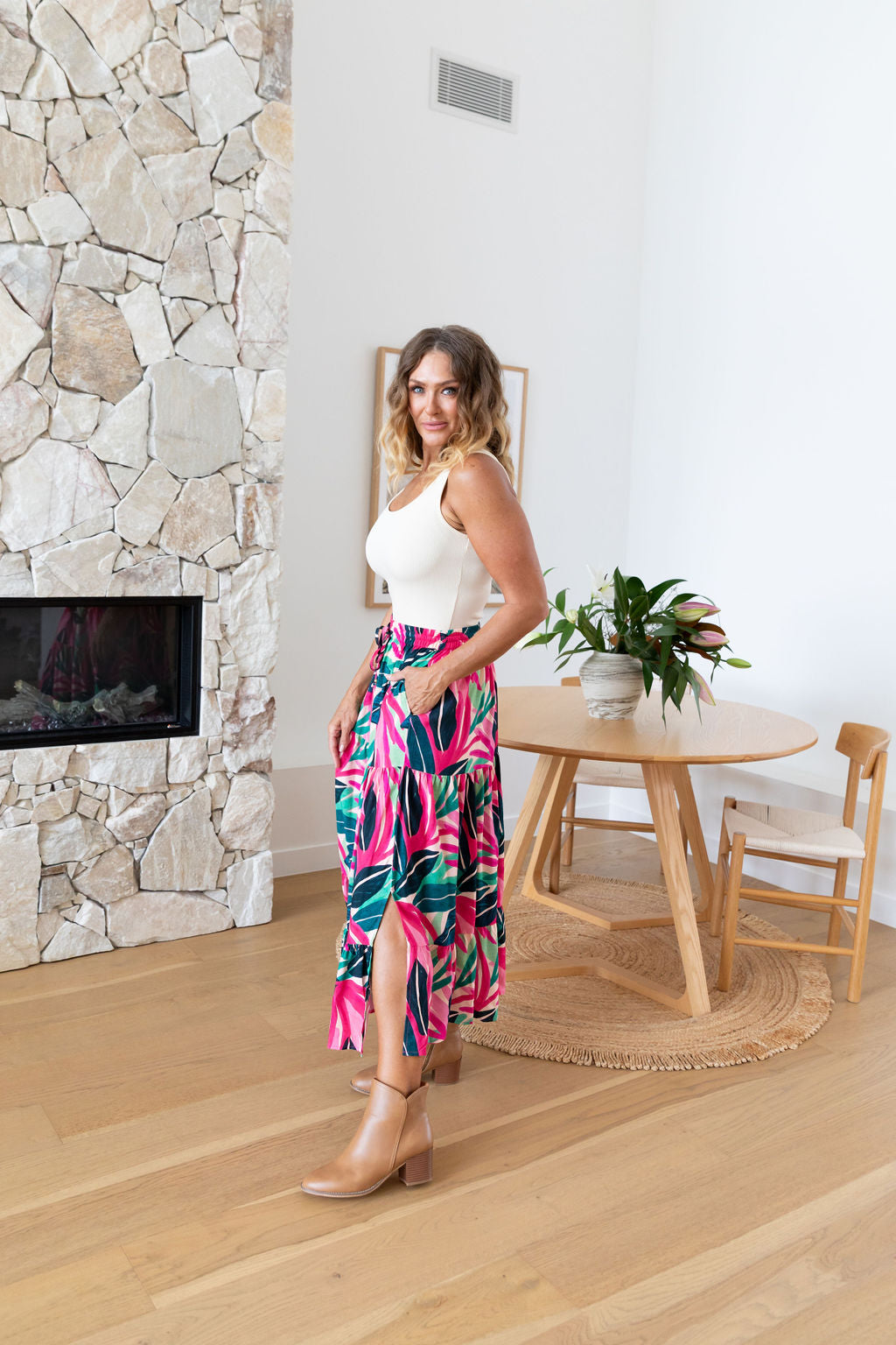 Carrie Skirt in Jungle Pink - Women's Floral A-Line Midi Skirt with Pockets | Perfect for Spring Outfits, Office Wear & Casual Dates