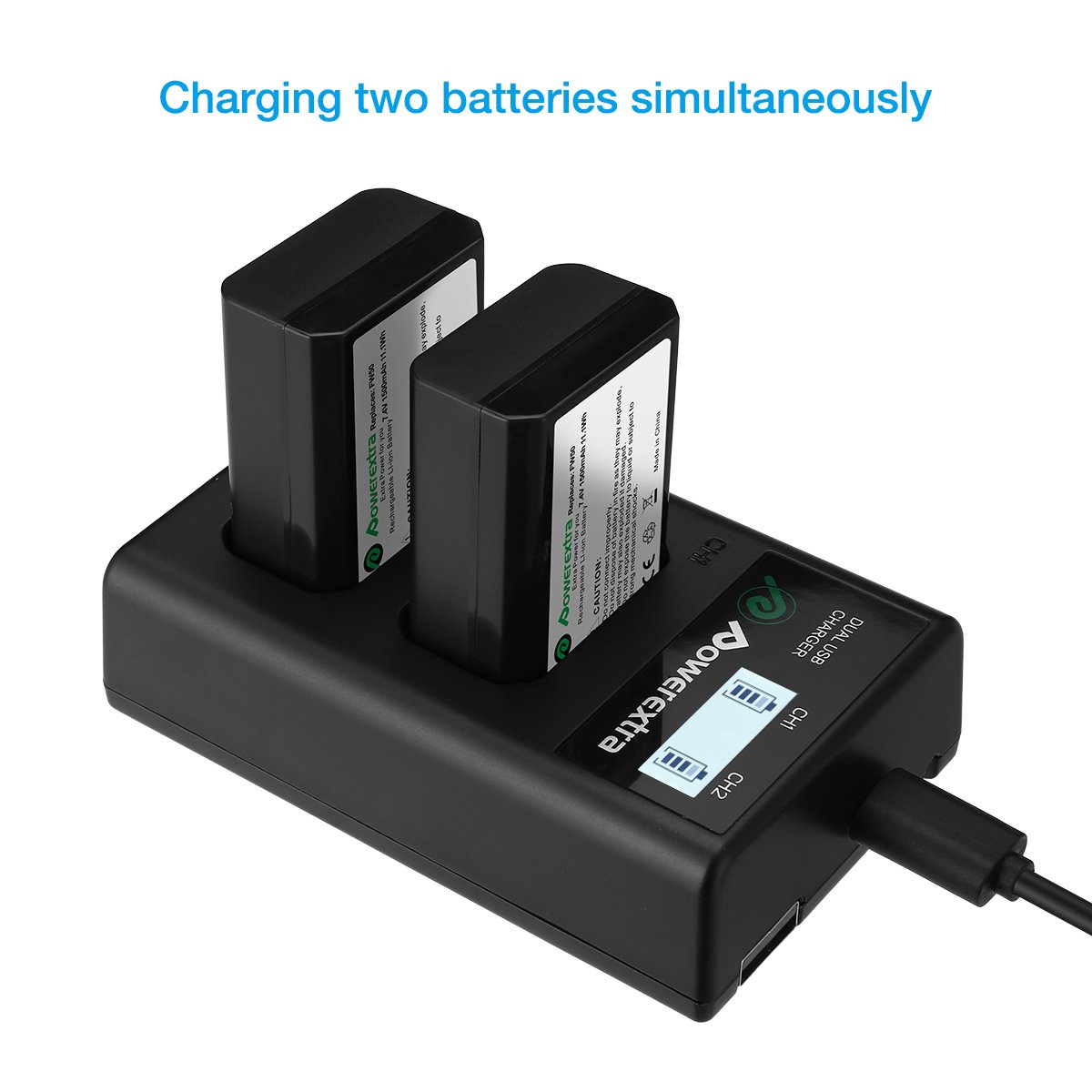 Powerextra 2-Pack NP-FW50 Replacement Batteries with Smart LCD Dual USB Charger for Sony Alpha a6500 a6300 a6000 a7 a7s a5100 a5000 a7r a7 II - Perfect for Travel Photography & Vlogging Accessories