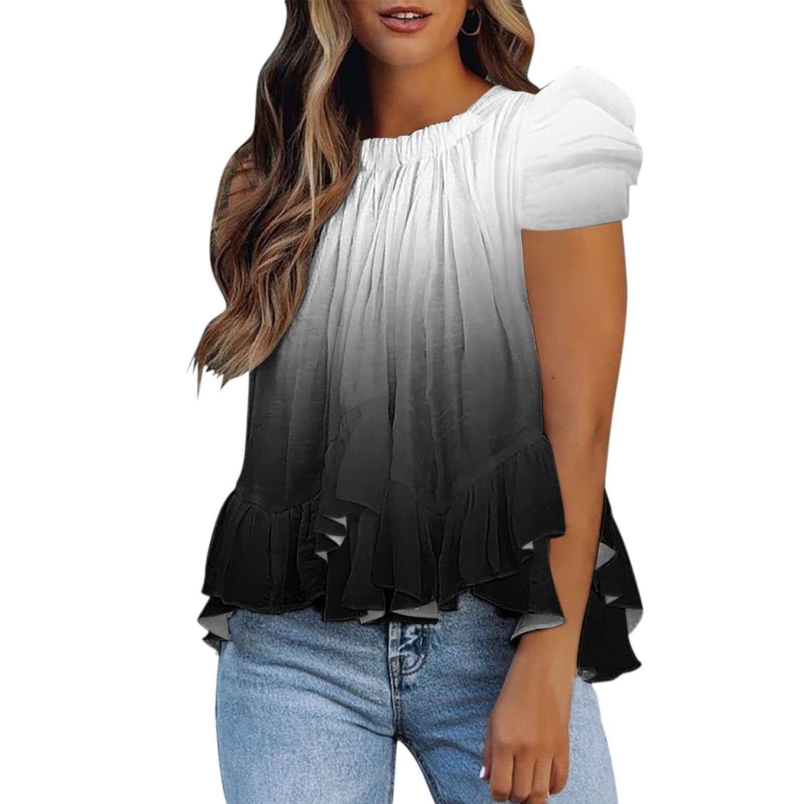 Elegant Women's Ruffled High Neck Blouse - Flowy Pleated Puff Short Sleeve Tunic Top for Summer | Fancy Tie Detail | Casual & Activewear | Perfect for Office, Date Night & Outdoor Activities