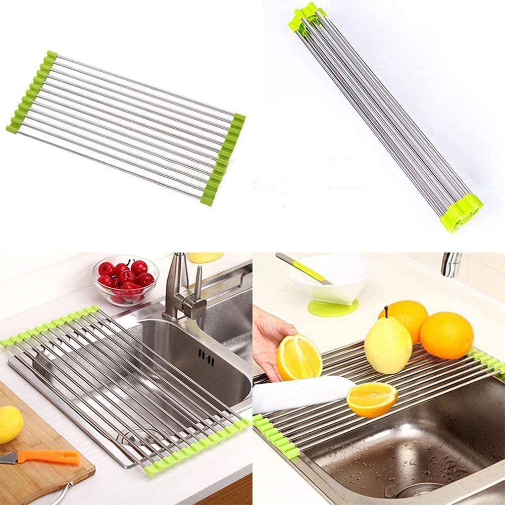 SCILLA Foldable Roll-Up Dish Drying Rack for Kitchen Sink - Non-Slip Silicone & Stainless Steel Drain Rack for Plates, Utensils, and Vegetables - Space-Saving Kitchen Organizer for Small Spaces and RVs