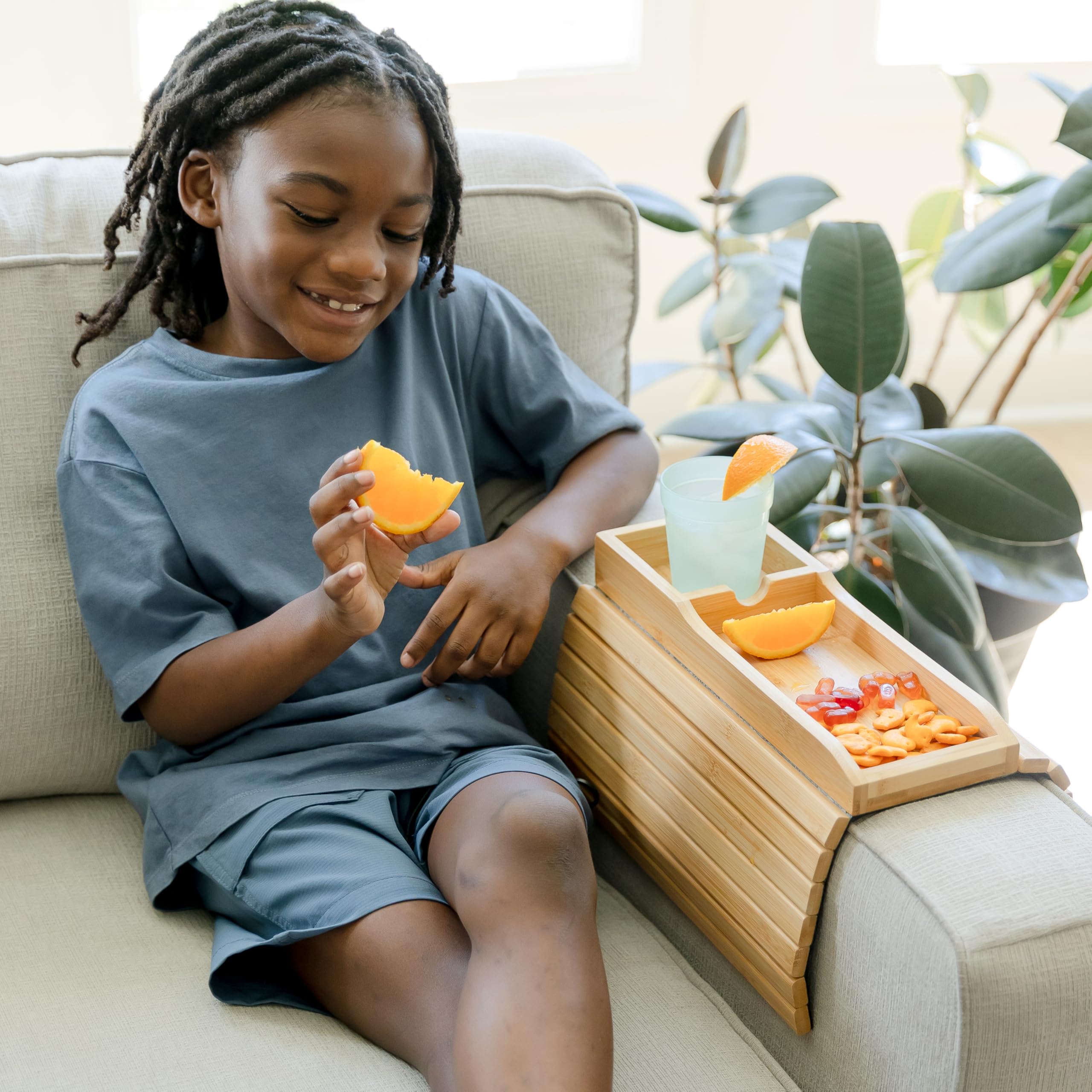 2-Pack Anti-Slip Bamboo Couch Cup Holder Tray - Foldable Sofa Arm Organizer for Drinks, Snacks, Remote & Phone - Easy Clean Couch Caddy for Movie Nights, Gaming & Relaxing in Living Room