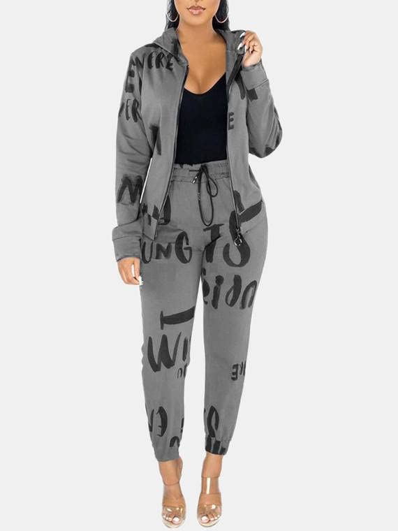 QUECY® Women's Casual Alphabet Print Hoodie and Pants Set - 2 Piece Polyester Outfit, Regular Fit, Gray - Perfect for Loungewear, Street Style & Everyday Comfort