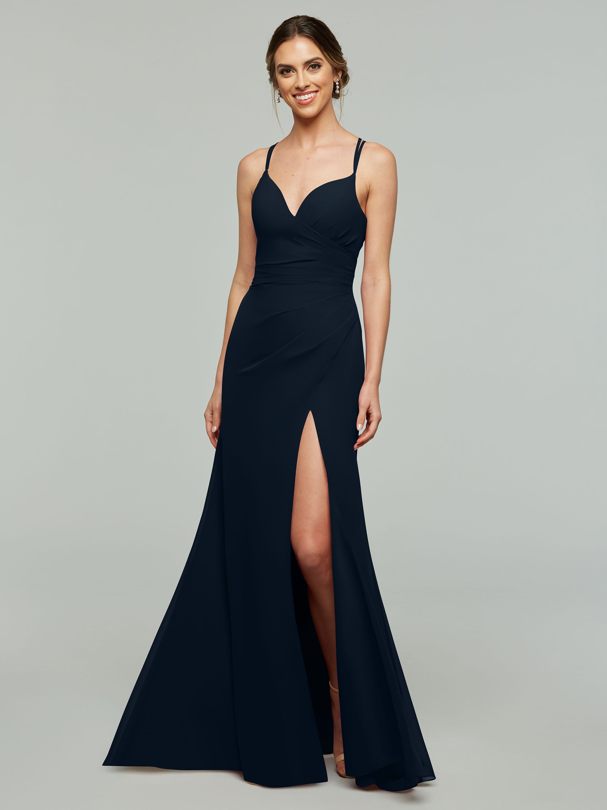 Elegant 80130 Chiffon Sheath Bridesmaid Dress - V Neck & High Slit Design for Weddings, Formal Events & Special Occasions