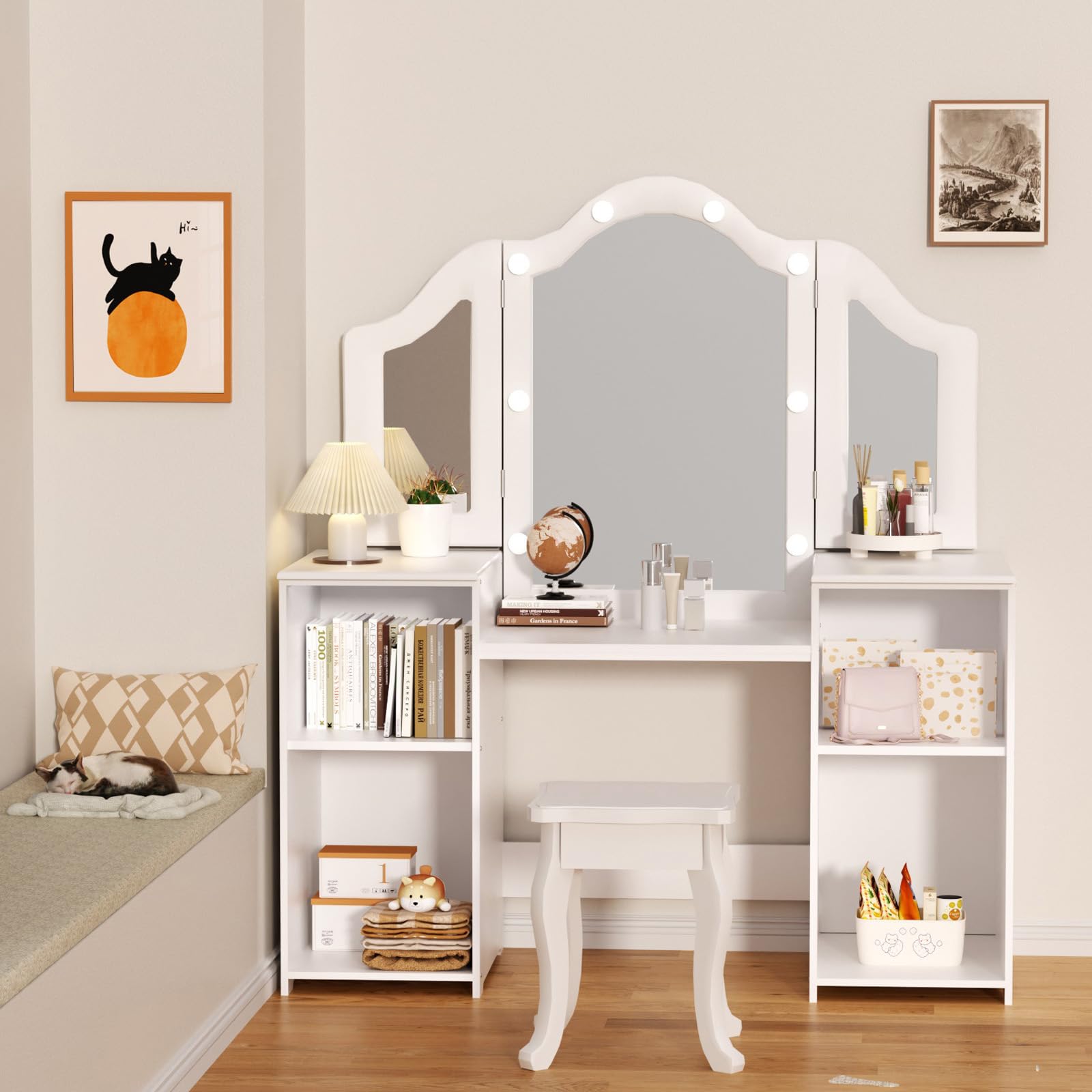 XJD Kids Vanity Set with Mirror, Stool & LED Lights - 2-in-1 Wooden Princess Makeup Desk & Storage Cabinet for Girls (White) - Perfect for Bedroom Decor, Birthday Gifts & Pretend Play