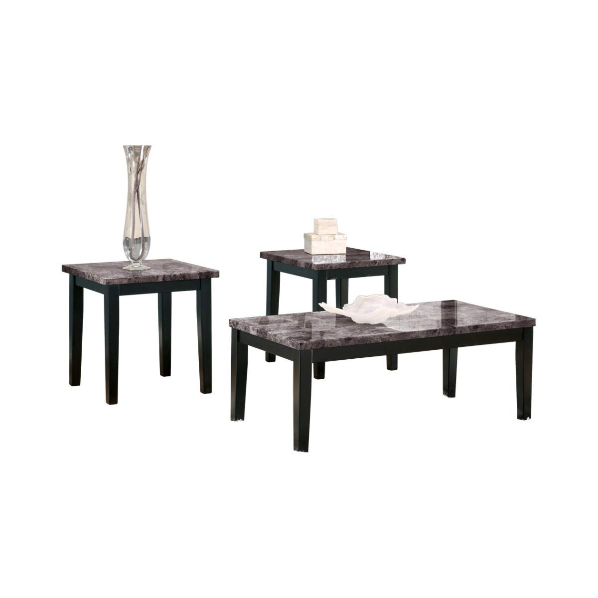 Benjara Faux Marble Top Table with Tapered Wooden Legs - 3-Piece Set in Black & Gray | Modern Side Tables for Living Room, Bedroom, or Office Decor