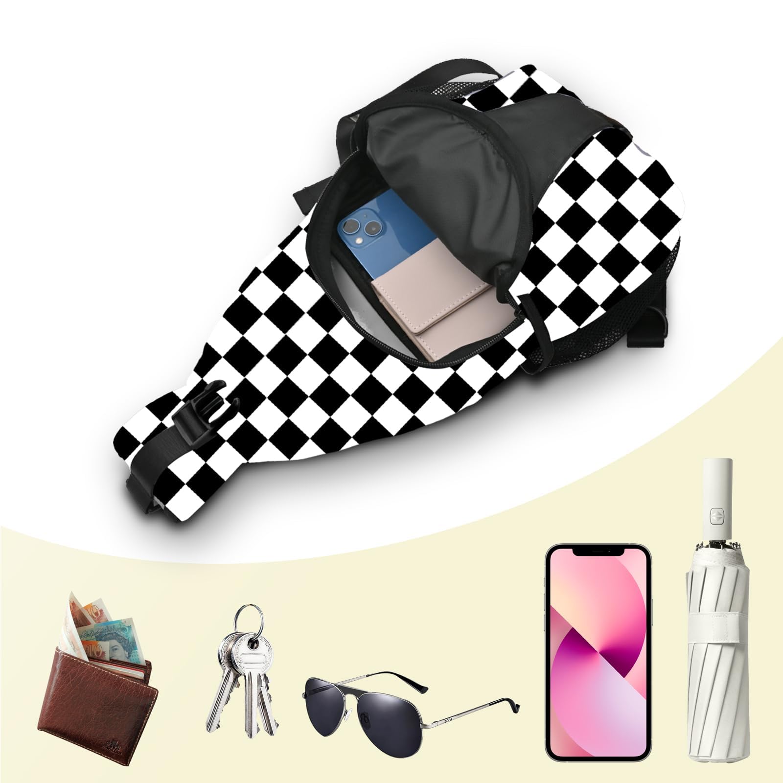 Yrebyou Black & White Checkered Crossbody Sling Bag - Lightweight Chest Backpack for Women & Men - Perfect for Travel, Hiking, Biking, Running & Outdoor Activities - Multipurpose Fashion Shoulder Bag