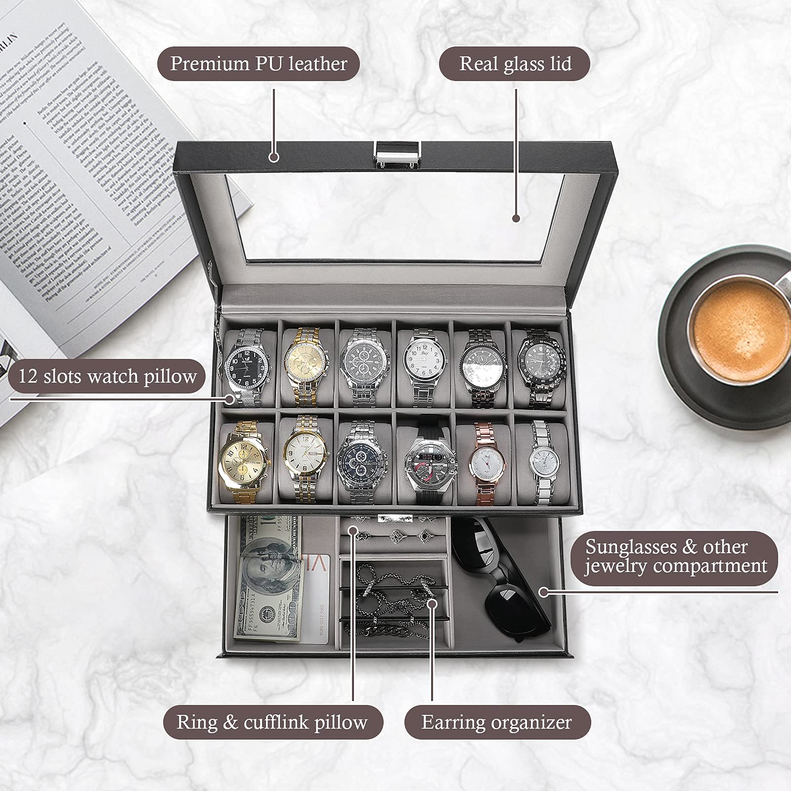 ProCase Jewelry Box Organizer with 12 Slots - Travel Watch Storage Case for Women & Men | Perfect for Necklaces, Rings, Earrings & Watches - Great for Home, Office & Travel Use