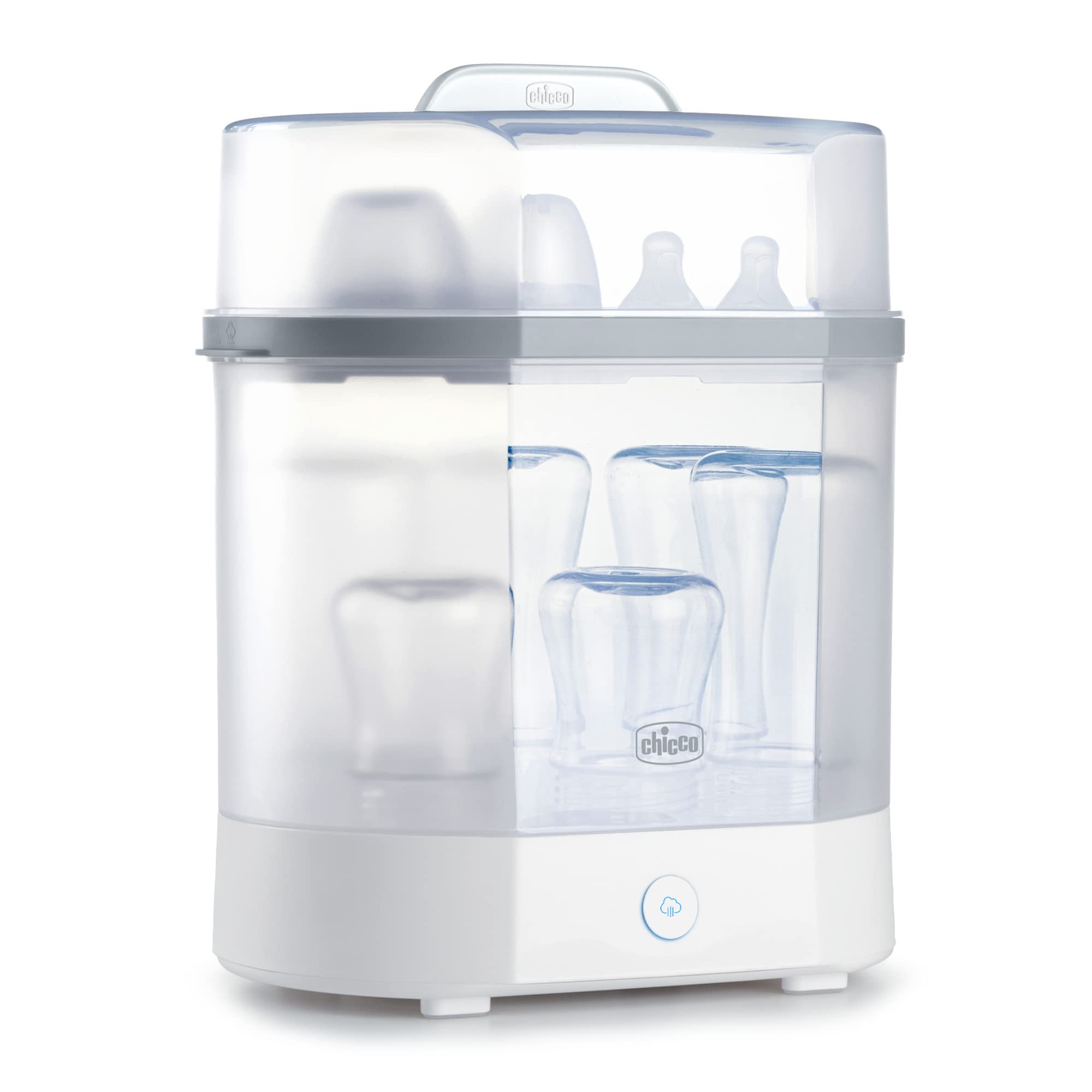 Chicco 3-in-1 Baby Bottle Steam Sterilizer - Eliminates 99.9% of Germs | Fast Natural Sterilization for Pacifiers & Breast Pump Parts | White/Grey | Perfect for Nursery, Daycare & Travel Use