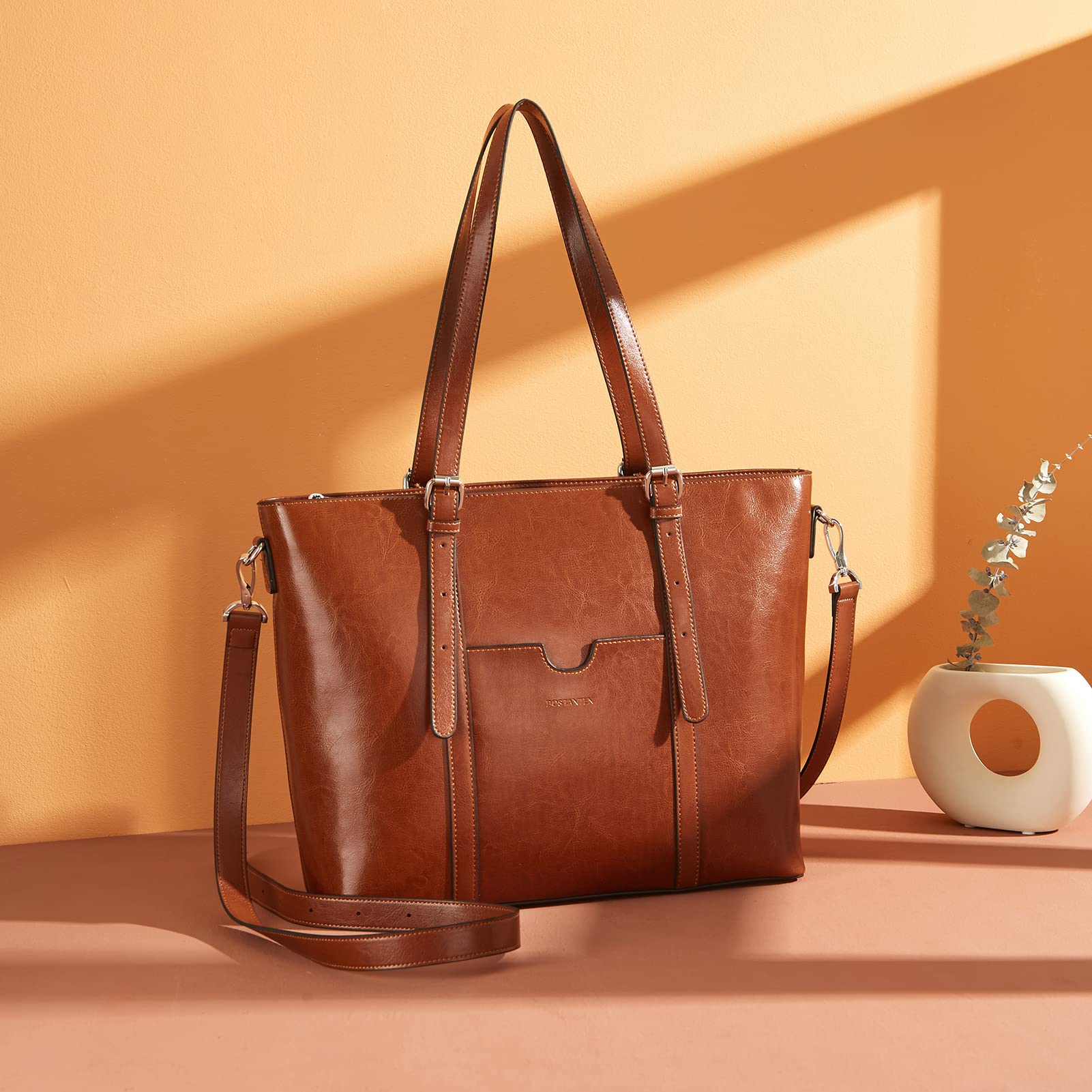 BOSTANTEN Women's Genuine Leather Laptop Tote Bag - 15.6 Inch Professional Office Shoulder Purse & Work Briefcase for Business Women | Perfect for Work, Travel, and Daily Commute
