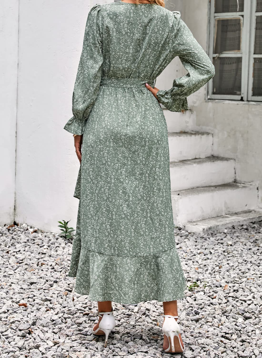 BTFBM Women's Floral V-Neck Long Sleeve Boho Dress - High Waist Ruffle Summer Wedding Guest Dress for Spring/Summer 2025 | Perfect for Garden Parties, Bridal Showers & Formal Events