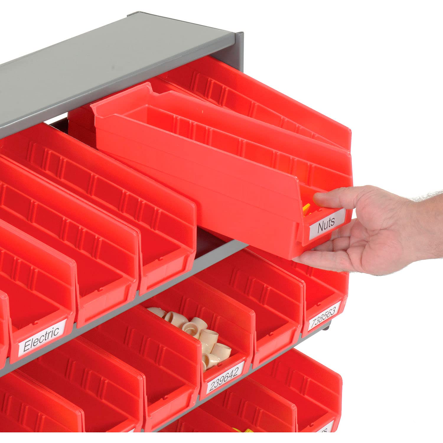 Global Industrial 3-Shelf Storage Bench Rack with 24 Red 4-Inch Wide Bins - 33x12x21 Inches - Perfect for Workshop, Garage & Retail Organization