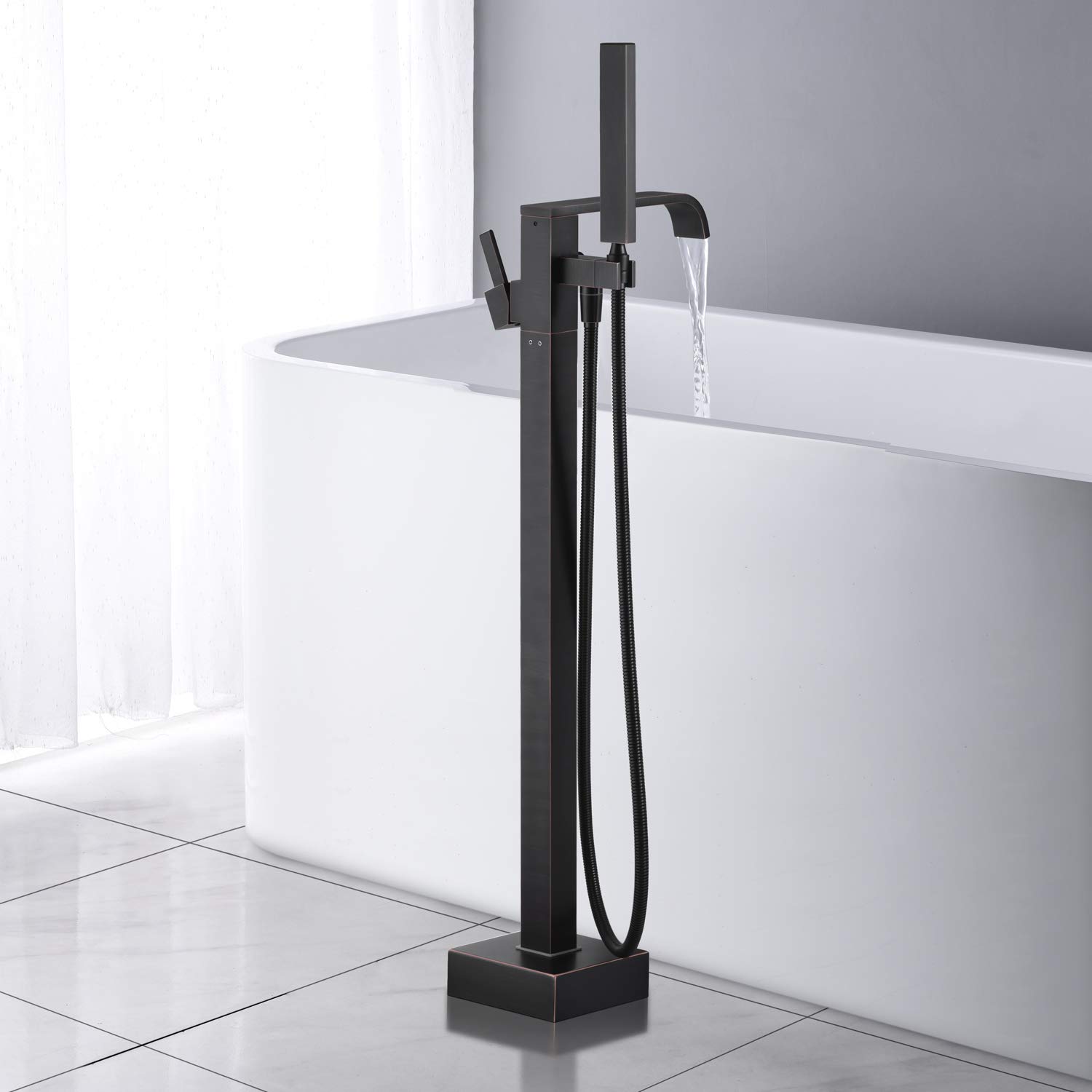 Freestanding Bathtub Faucet - Oil Rubbed Bronze Floor Mount Brass Tub Filler with Hand Shower - Single Handle Bathroom Faucet for Spa-Like Relaxation & Modern Bathroom Upgrade