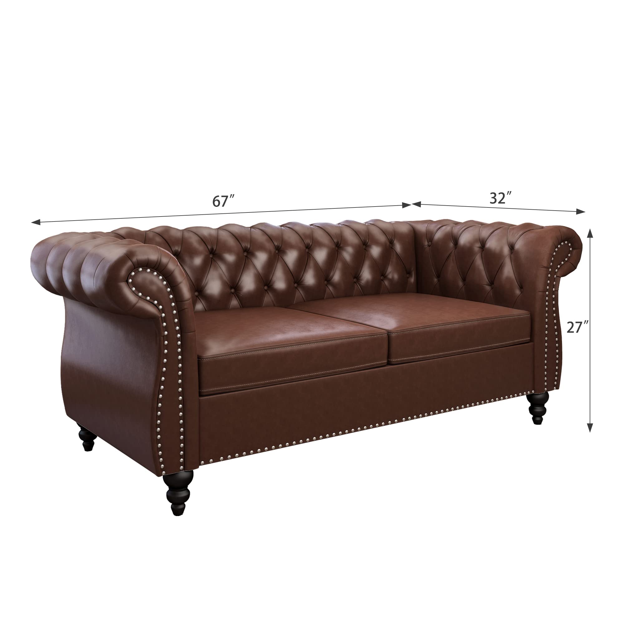3-Piece Chesterfield Leather Living Room Set - Sofa, Loveseat & Chair with Scroll Arms & Nailhead Trim - Dark Brown - Perfect for Home Office & Elegant Living Spaces