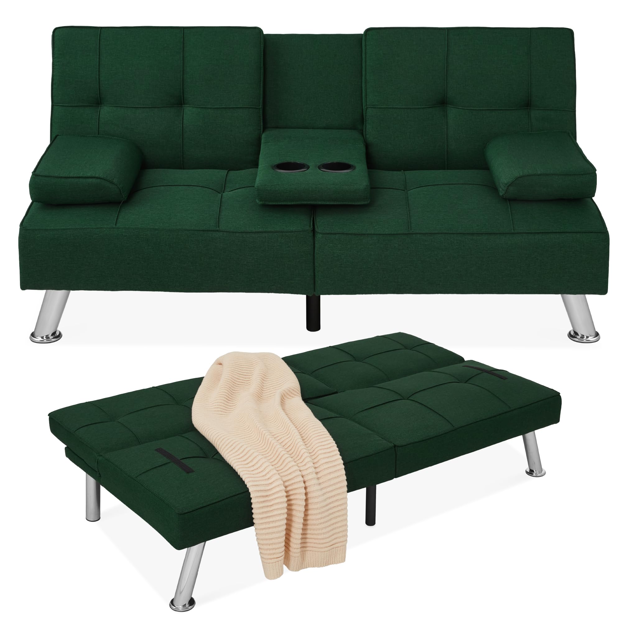 Best Choice Products Modern Folding Futon Sofa Bed - Dark Green Linen Recliner with Removable Armrests & 2 Cup Holders - Perfect for Small Apartments, Dorm Rooms & Guest Rooms