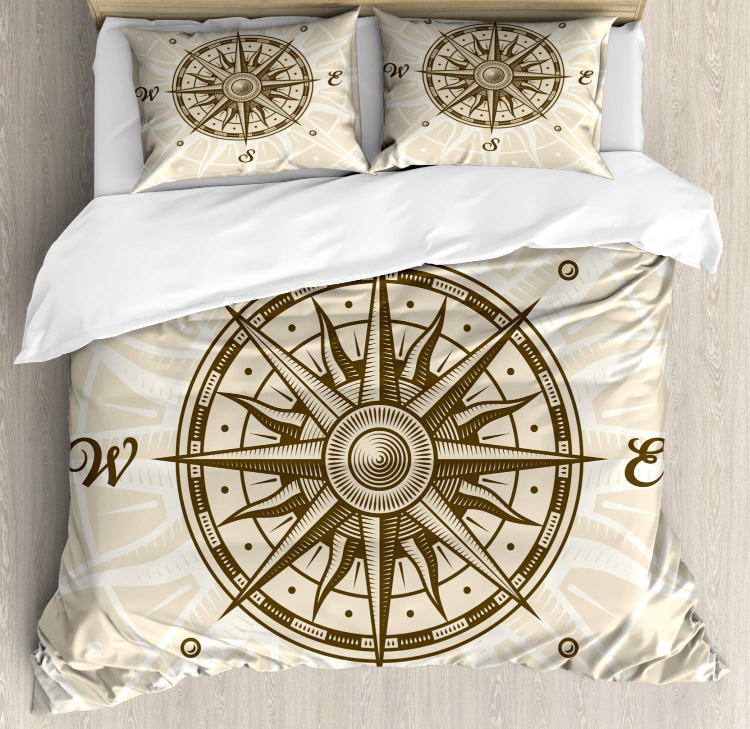 Ambesonne Compass Duvet Cover Set - King Size 2-Pack with 2 Duvets & 4 Pillowcases, Windrose Navigation Design in Olive Green & Beige for Coastal or Nautical Bedroom Decor | Perfect for Beach House, Sailor Theme or Travel Inspired Bedroom