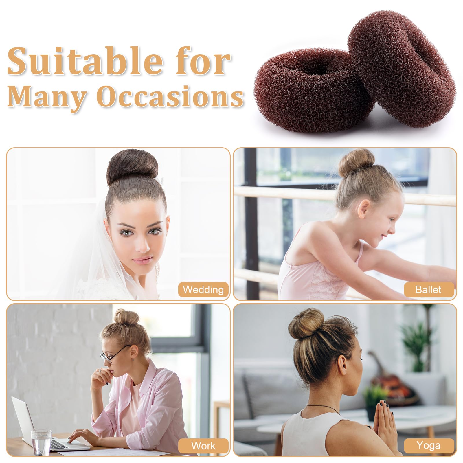 65-Piece Hair Accessories Set with 10 Hair Bun Makers (1 XL, 2 Large, 3 Medium, 4 Small), 50 U-Shaped Pins & 5 Hair Ties - Ballet Donut Bun Maker for Long Thick Hair - Perfect for Ballet, Dance, Wedding & Everyday Hairstyles (Brown)