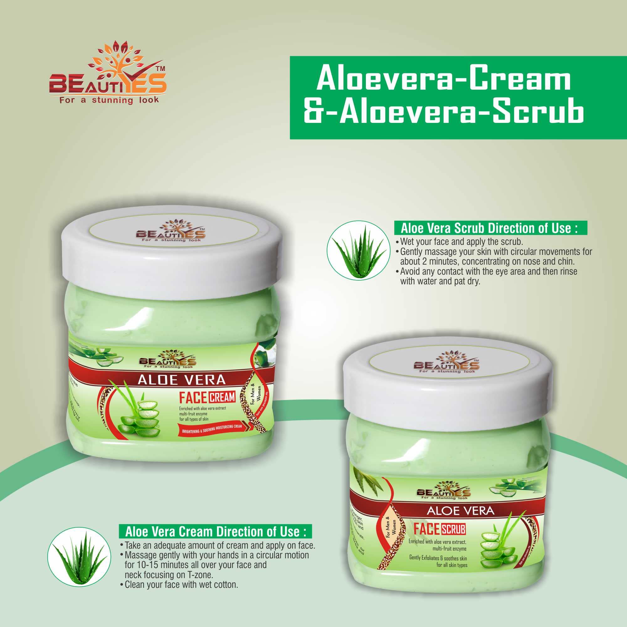 BeautiYes Aloe Vera Face Cream & Scrub Set (450gm Each) - Gentle Exfoliation & Soothing Moisturizer for All Skin Types with Aloe Vera Extract & Fruit Enzymes | Daily Skincare Routine for Hydrated, Glowing Skin