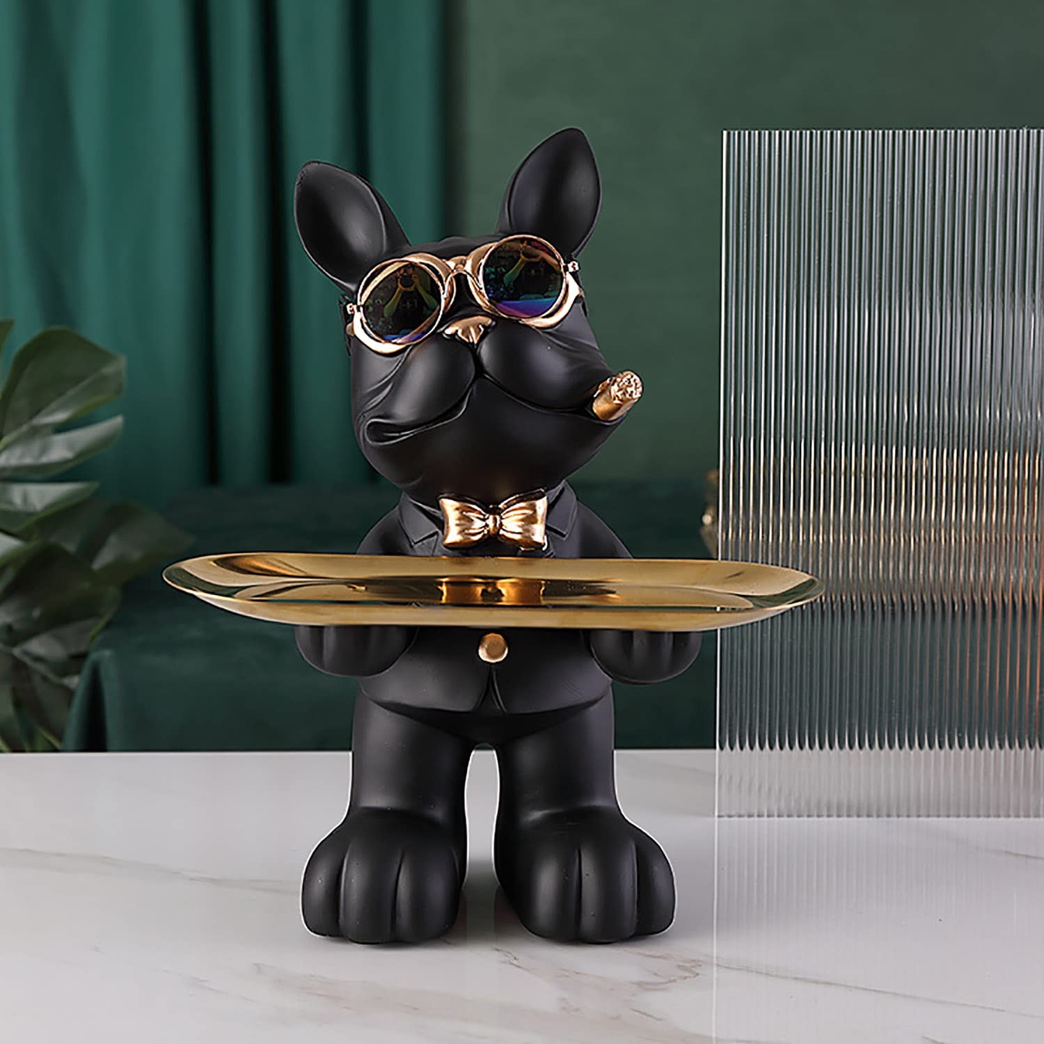 OMKUOSYA Resin Bulldog Tray Statue - Dog Figurine Key Holder, Jewelry & Earrings Organizer - Modern Home & Office Decor for Entryway, Tabletop, or Desk (Black) - Perfect for Organizing Keys, Candy, and Small Accessories in Stylish Décor