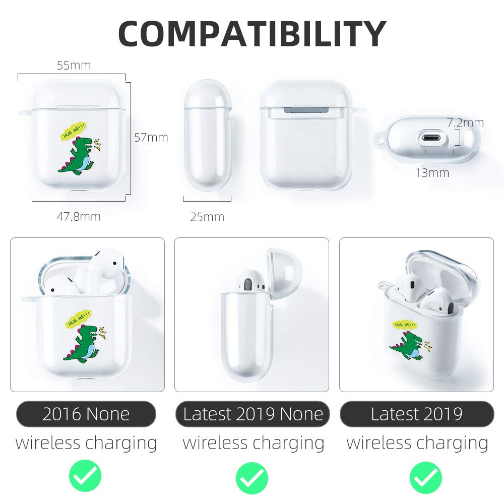Dinosaur Cute Clear AirPods 2 Case - Compatible with Apple AirPods 2nd Generation | Wireless & Wired Charging | Anti-Drop Protection | Includes Carabiner Clip | Perfect for School, Travel & Outdoor Activities