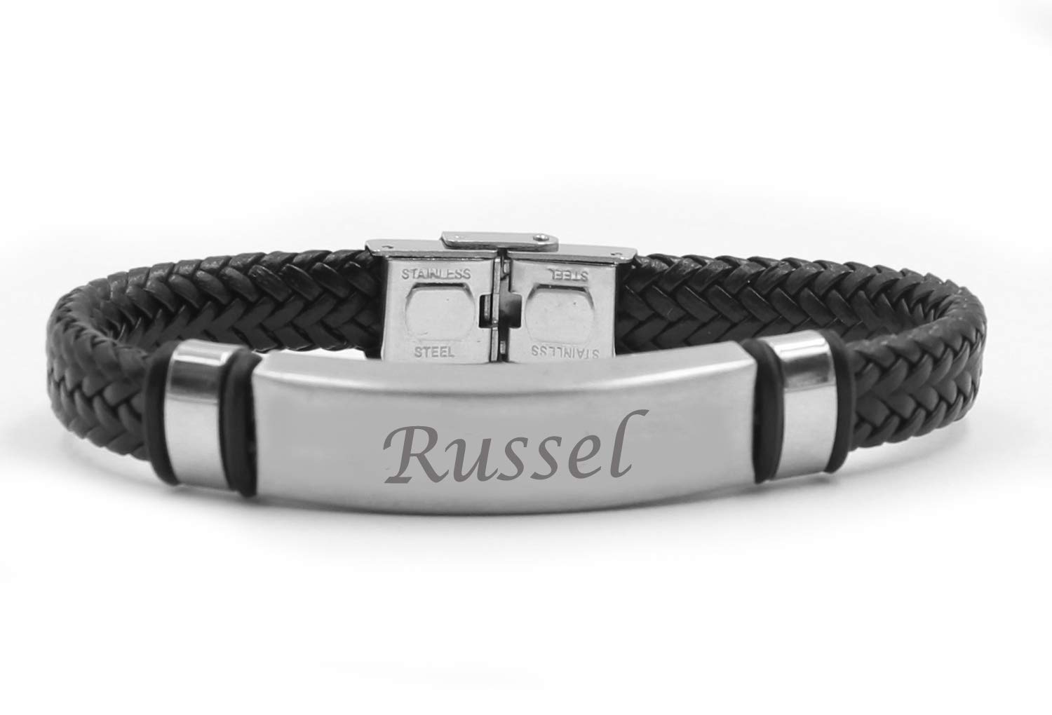 Personalized RUSSEL Name Bracelet for Men - Double Leather Braided Engraved Bracelet with Gift Box - Perfect for Anniversary, Birthday Gifts & Everyday Fashion Accessory
