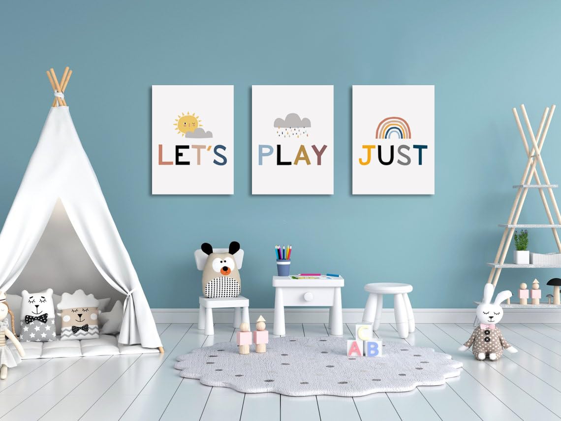 Kids Playroom Wall Decor - Playroom Sign & Let's Just Play Poster - Framed Classroom & Children's Room Art - Easy to Hang Playroom Wall Art for Bedrooms, Daycares & Preschools