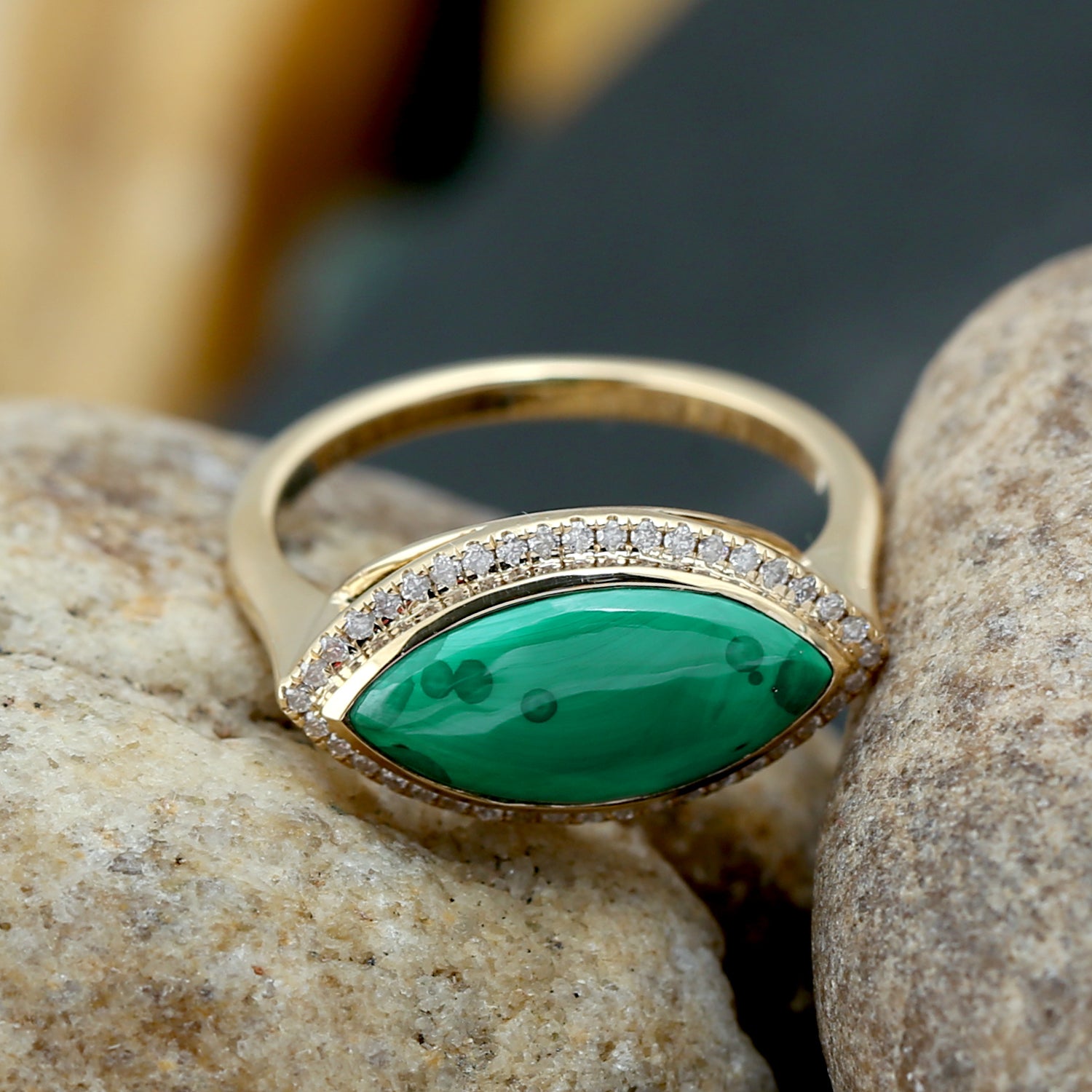 18K Yellow Gold Marquise Cut Malachite Pave Diamond Designer Ring for Women | Elegant Statement Jewelry for Weddings, Anniversaries & Special Occasions