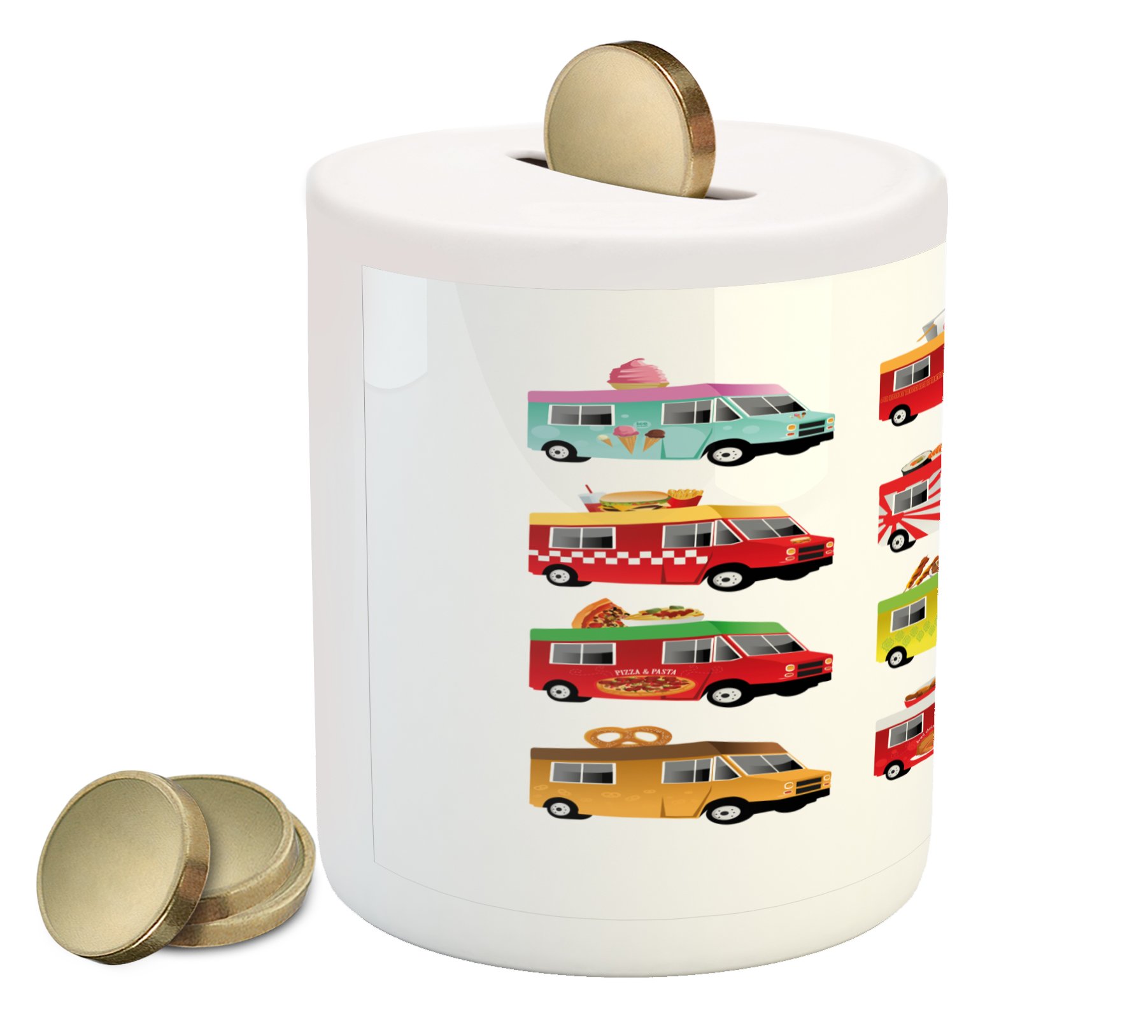Ambesonne Ceramic Piggy Bank - Colorful Food Truck Design with Ice Cream, Donuts, Burgers, Pizza & Sushi | Money Saving Coin Bank for Kids & Adults | Perfect for Birthday Gifts, Room Decor & Cash Savings