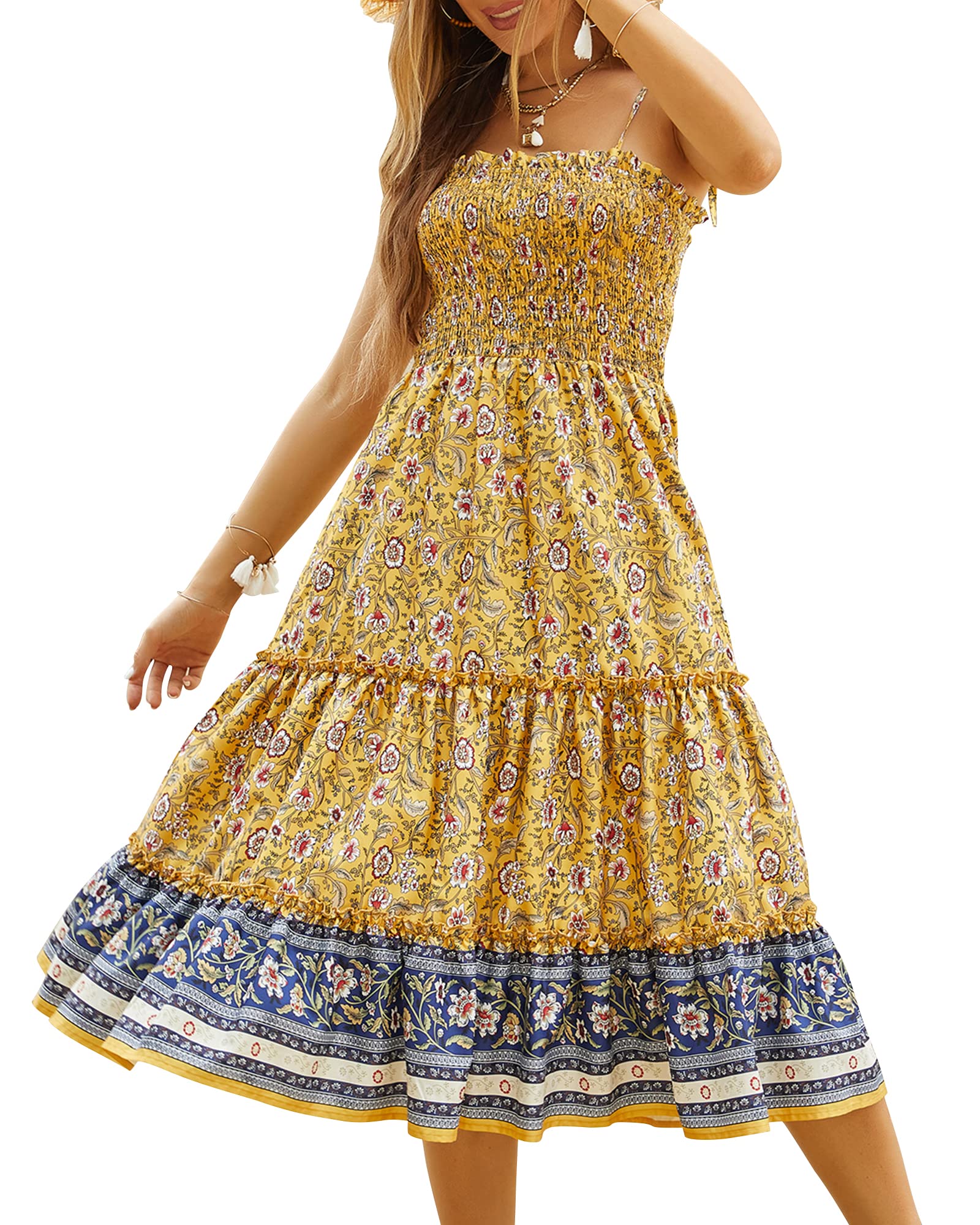 Fashionme Women's Floral Boho Summer Midi Dress - Elastic Shirred Bust, Tie Shoulder Spaghetti Strap, Tiered Design for Beach Vacation & Outdoor Parties