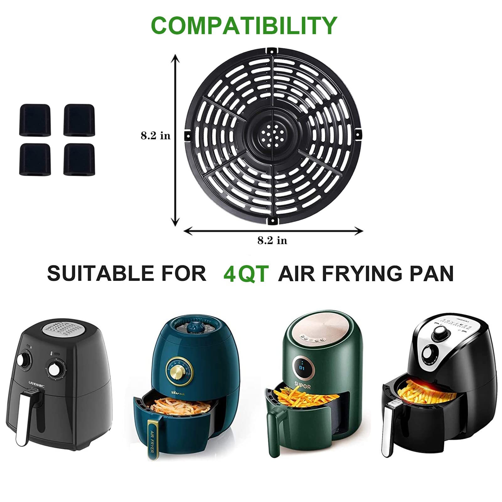 4QT Air Fryer Replacement Grill Pan with 4 Non-Stick Crisper Plates - Compatible with Most Air Fryers, Dishwasher Safe (8.2 Inch) - Perfect for Healthy Frying, Grilling, and Roasting at Home